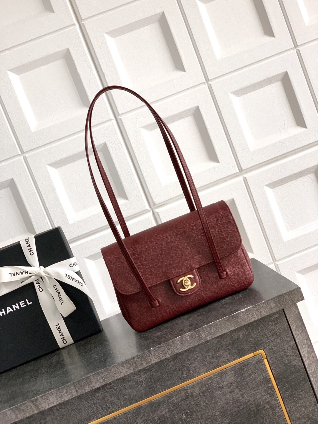 Preppy Coco Small Flap Bag (AS4818) in Burgundy Grained Calfskin with Gold-Tone Hardware, 26P Pre-Fall Collection - Mocuir