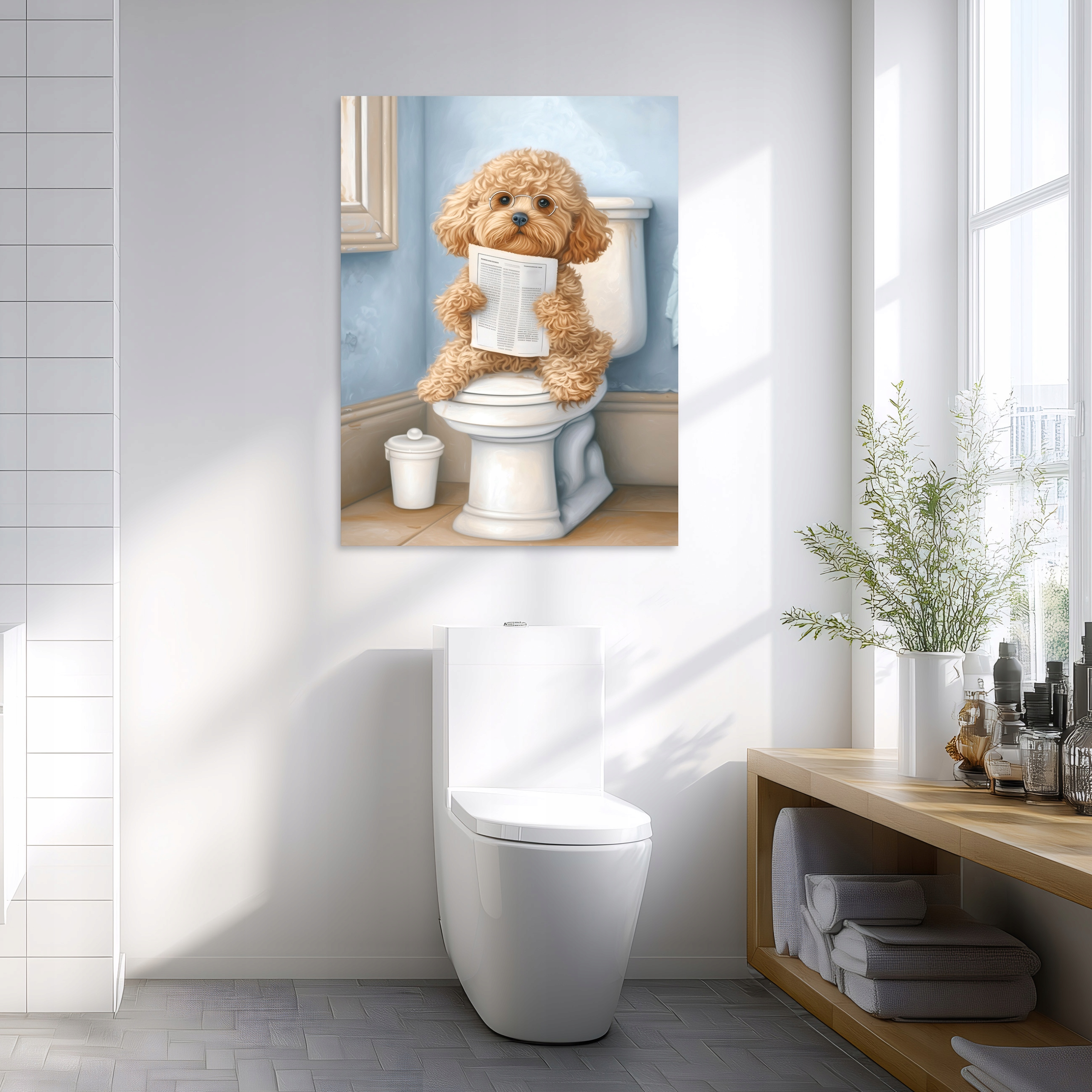Funny dog and newspaper bathroom/toilet canvas print, 100x70 cm