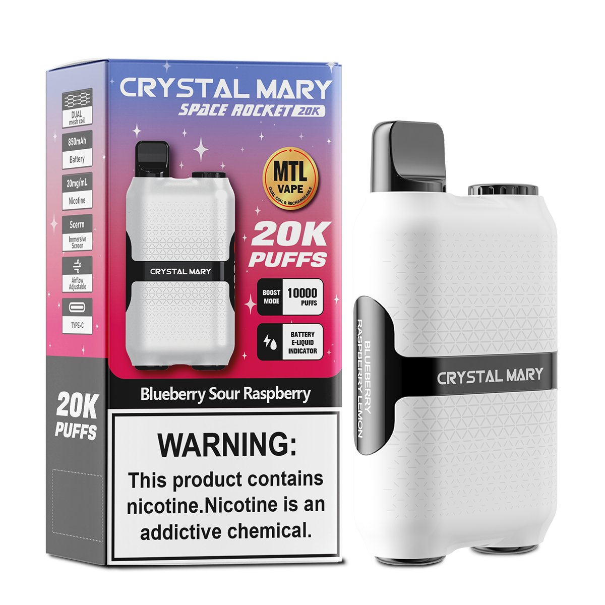 （3 pieces）CRYSTAL MARY 20000 20K Puffs Vape Dual Mesh LED Display Disposable Vape EU Warehouse