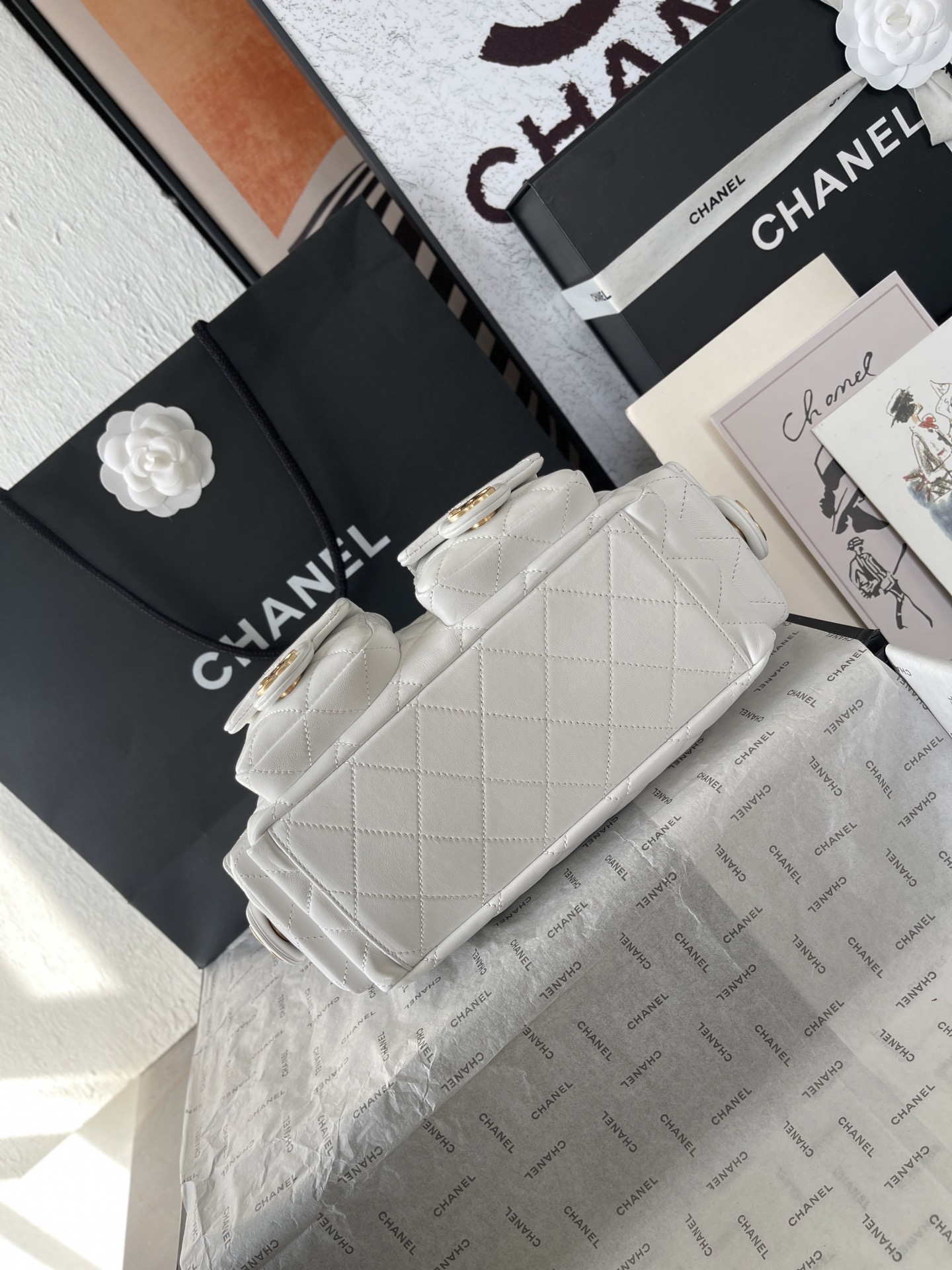 25C Multi-Pocket Hobo Bag in White Quilted Lambskin with Gold-Tone Hardware - Mocuir