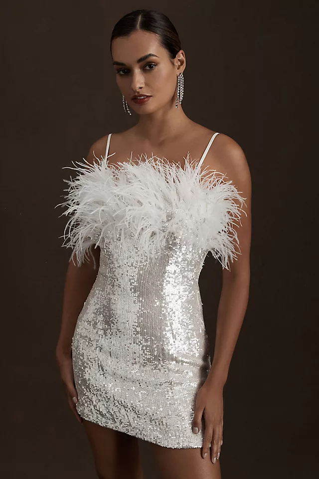 Sparkling Feather & Sequin Mini Dress SILVER