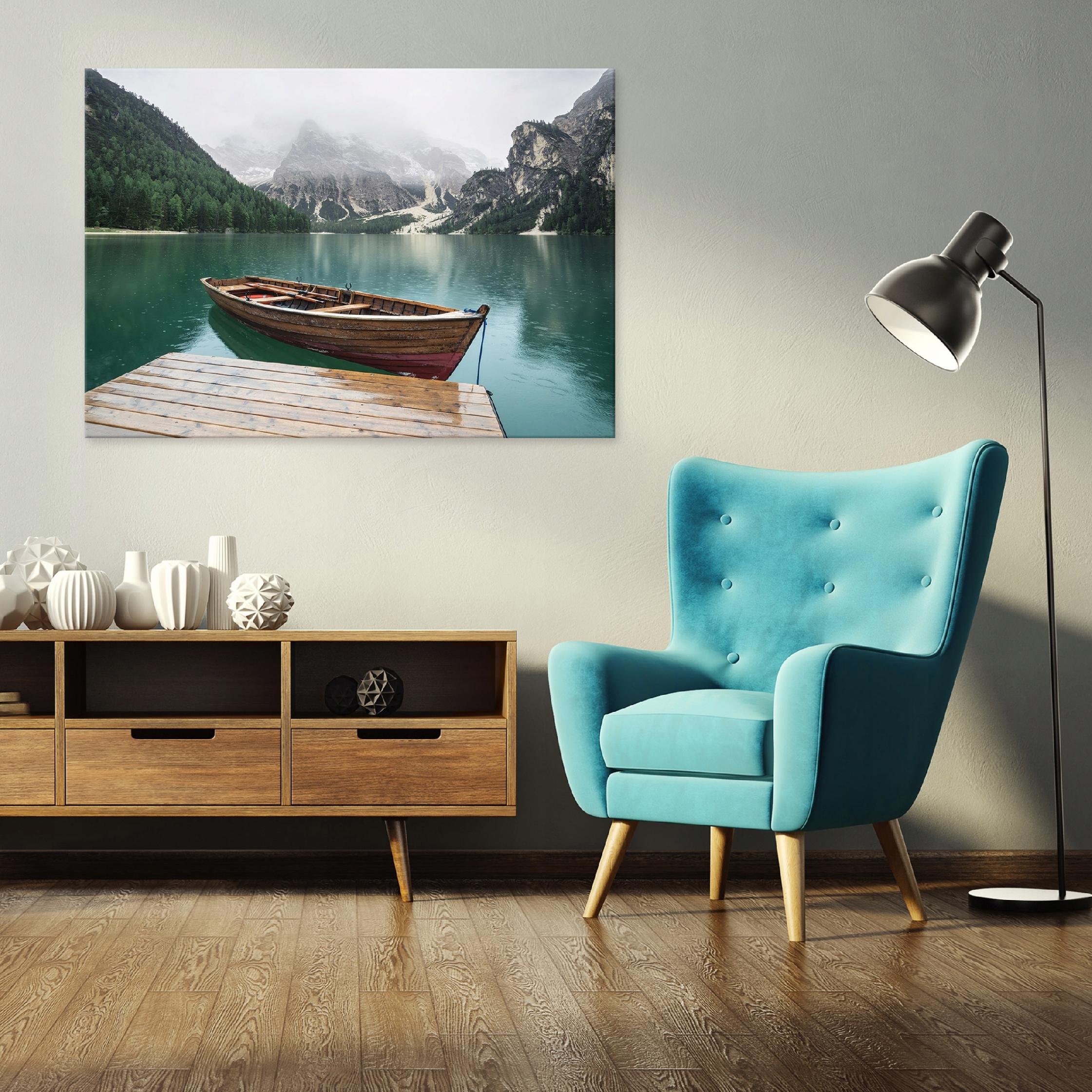 Painting of a boat, a lake, and mountains on canvas; dimensions: 60x40 cm