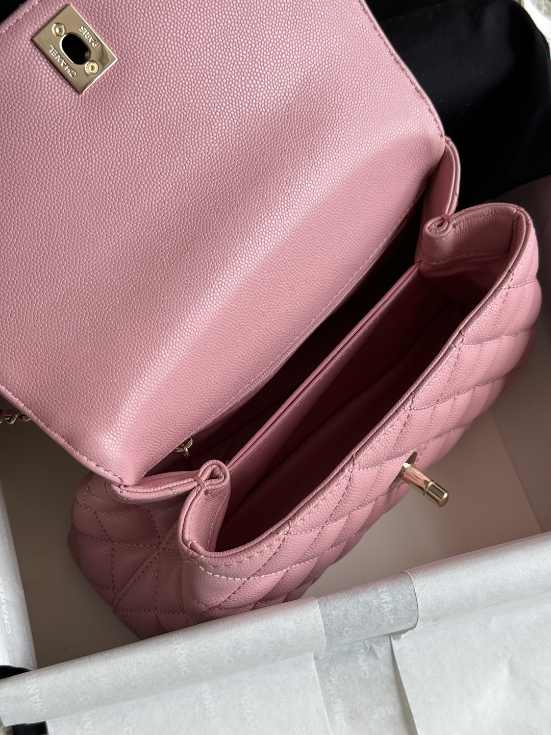 Small Coco Handle Flap Bag in Pink Quilted Caviar Leather with Light Gold-Tone Hardware - Mocuir