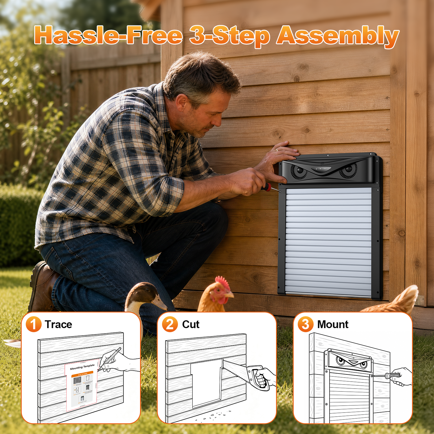 Automatic Chicken Coop Door with LCD Remote, 7W Solar Power, Timer, PIR Alarm & Anti-Pinch, Roll-Up Design