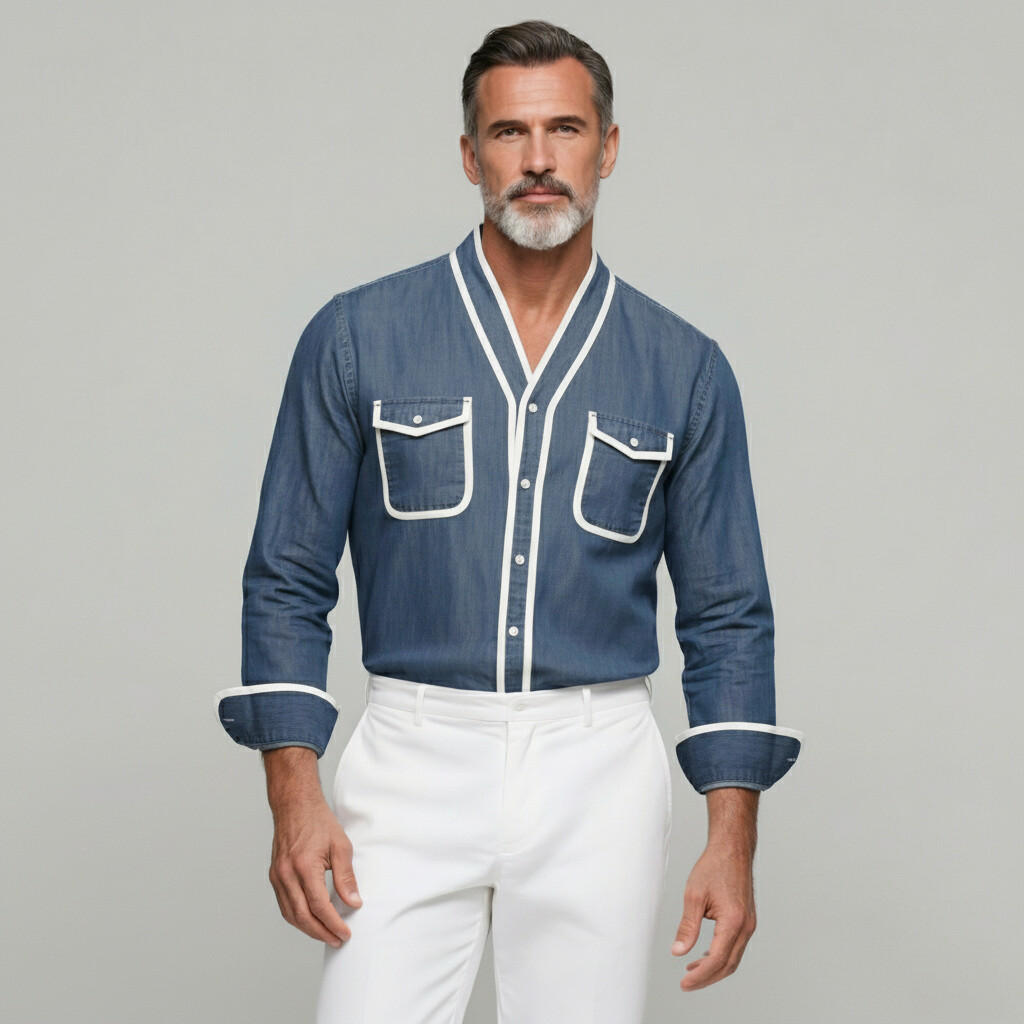 Men's Flap Pockets Contrast Binding V Neck Single Breasted Long Sleeve Shirt