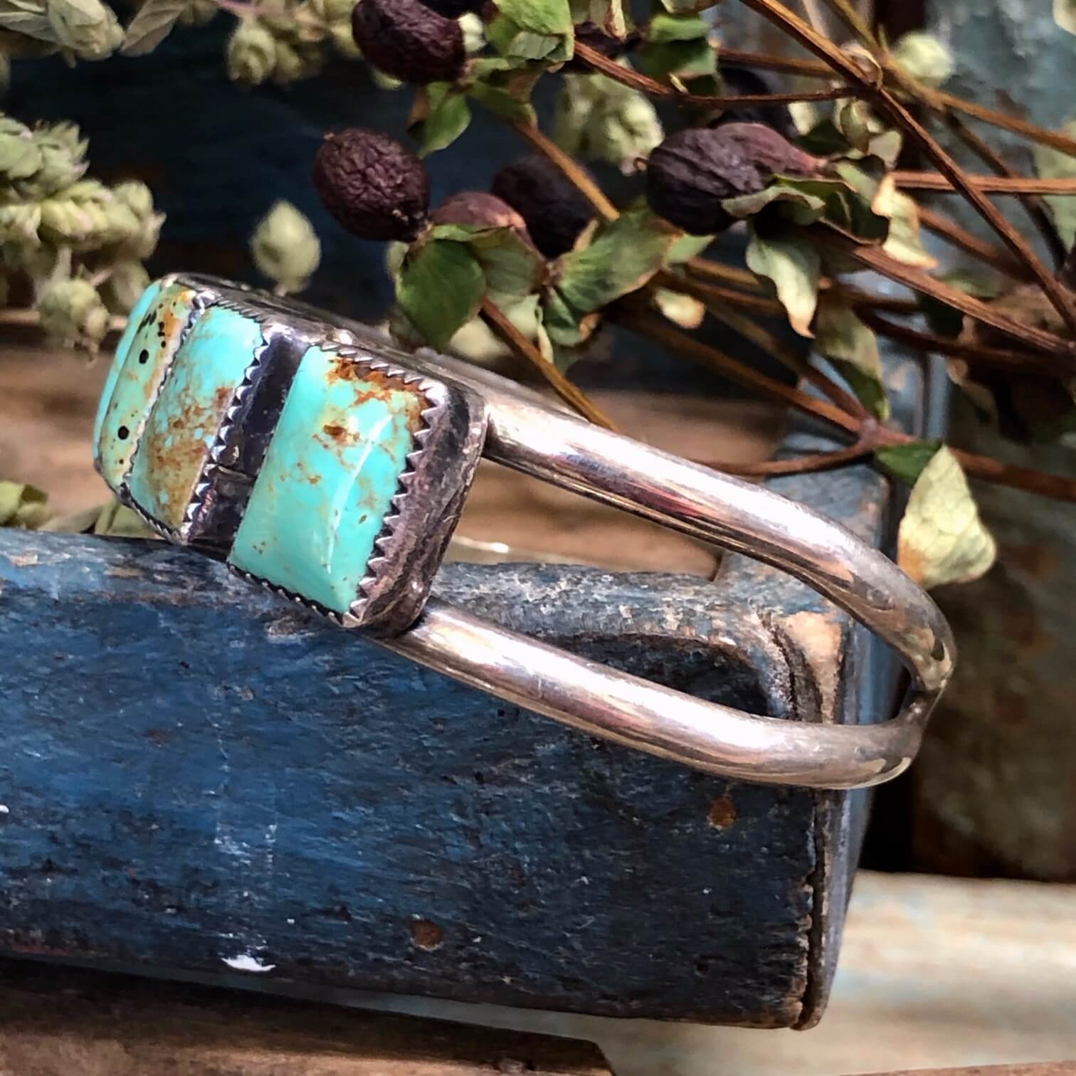 Vintage Navajo Sterling Silver Turquoise Row Bracelet