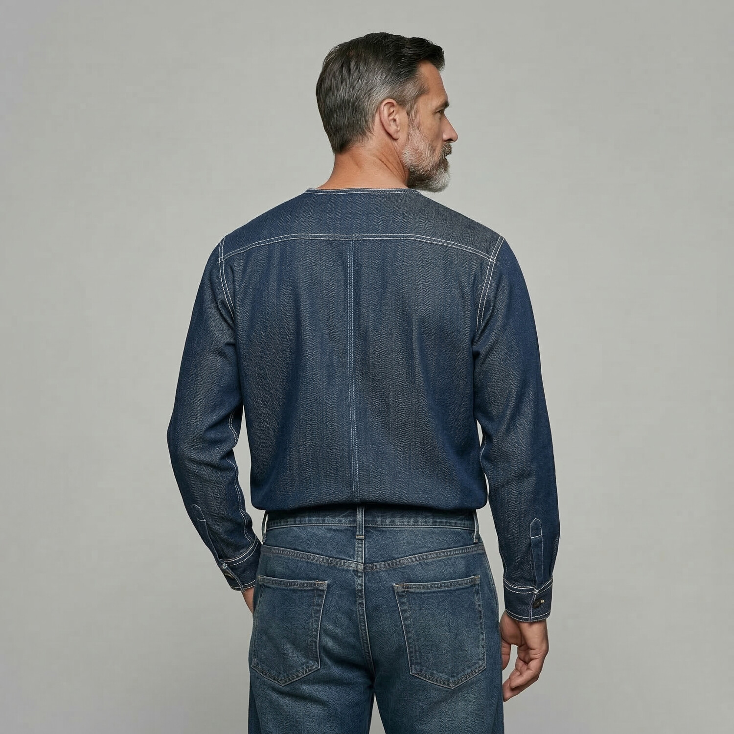 Men's Dark Blue Eyelet Lace-Up Round Neck Long Sleeve Shirt