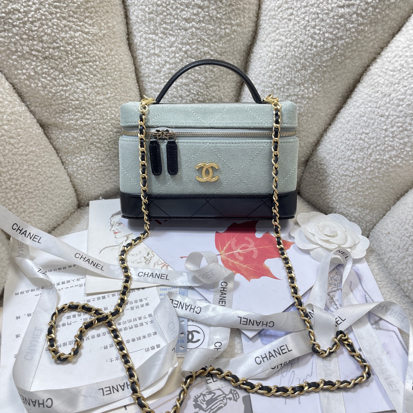 26S Slim Vanity Case with Chain in Mint Green Suede & Black Lambskin with Gold-Tone Hardware - Mocuir