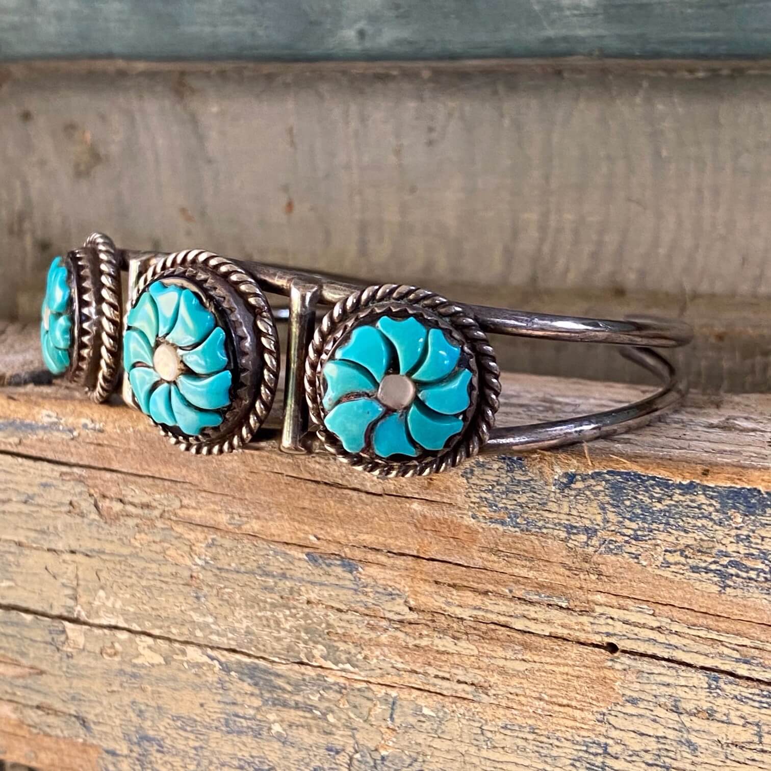 Vintage Zuni Turquoise Flower Bracelet Sterling Silver