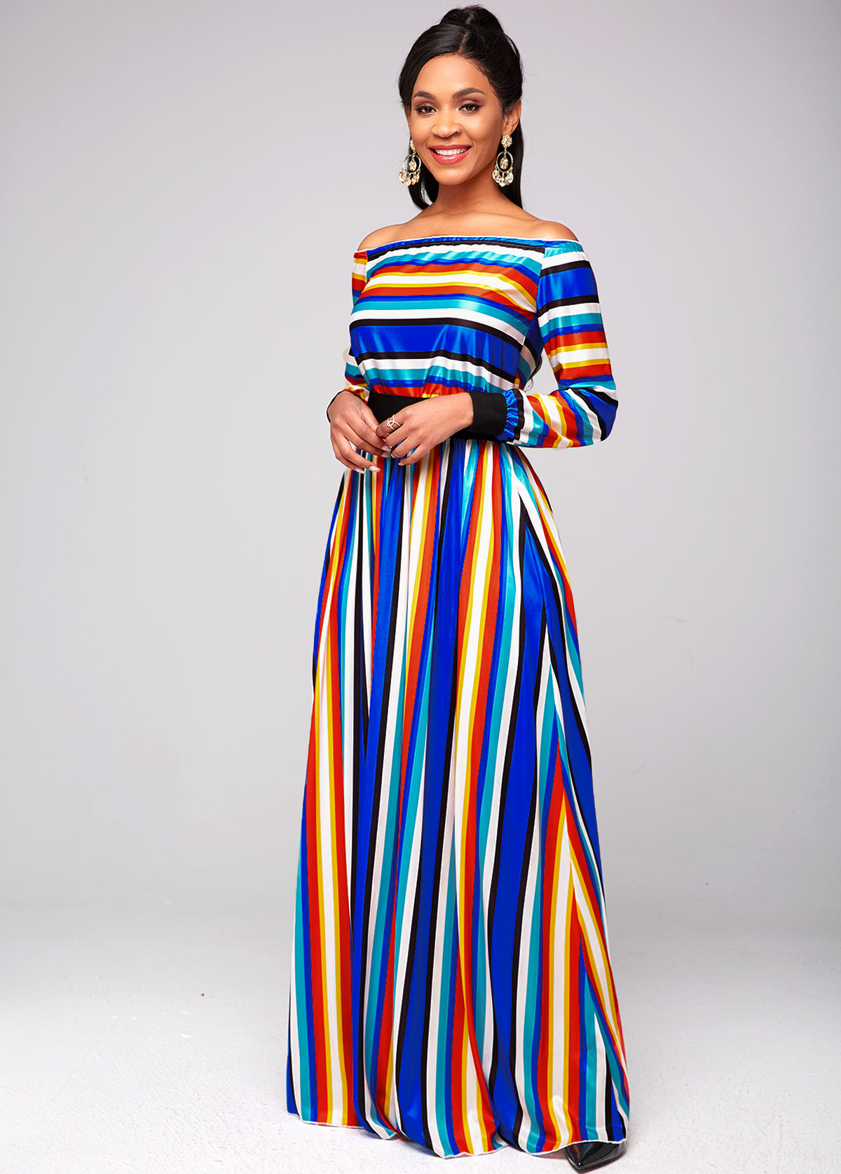 Off Shoulder Top and Rainbow Color Striped Skirt