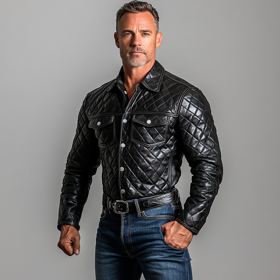 Men's Turndown Collar Chest Pocket Long Sleeve Quilted PU Leather Shirt