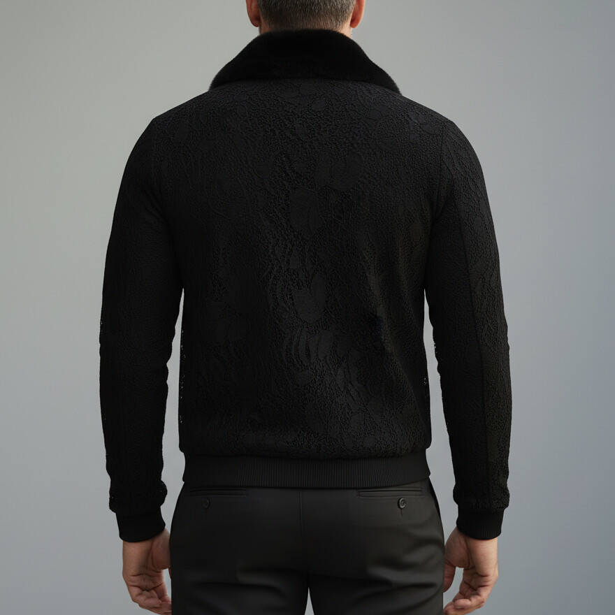 Men's Black Lace Furry Collar Long Sleeve Zip-Up Jacket