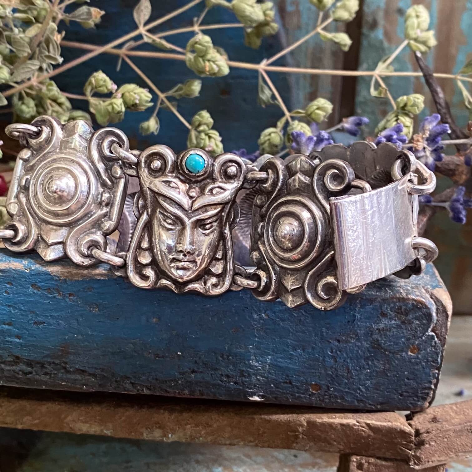 Old Mexico Sterling Silver Panel Bracelet Turquoise Faces