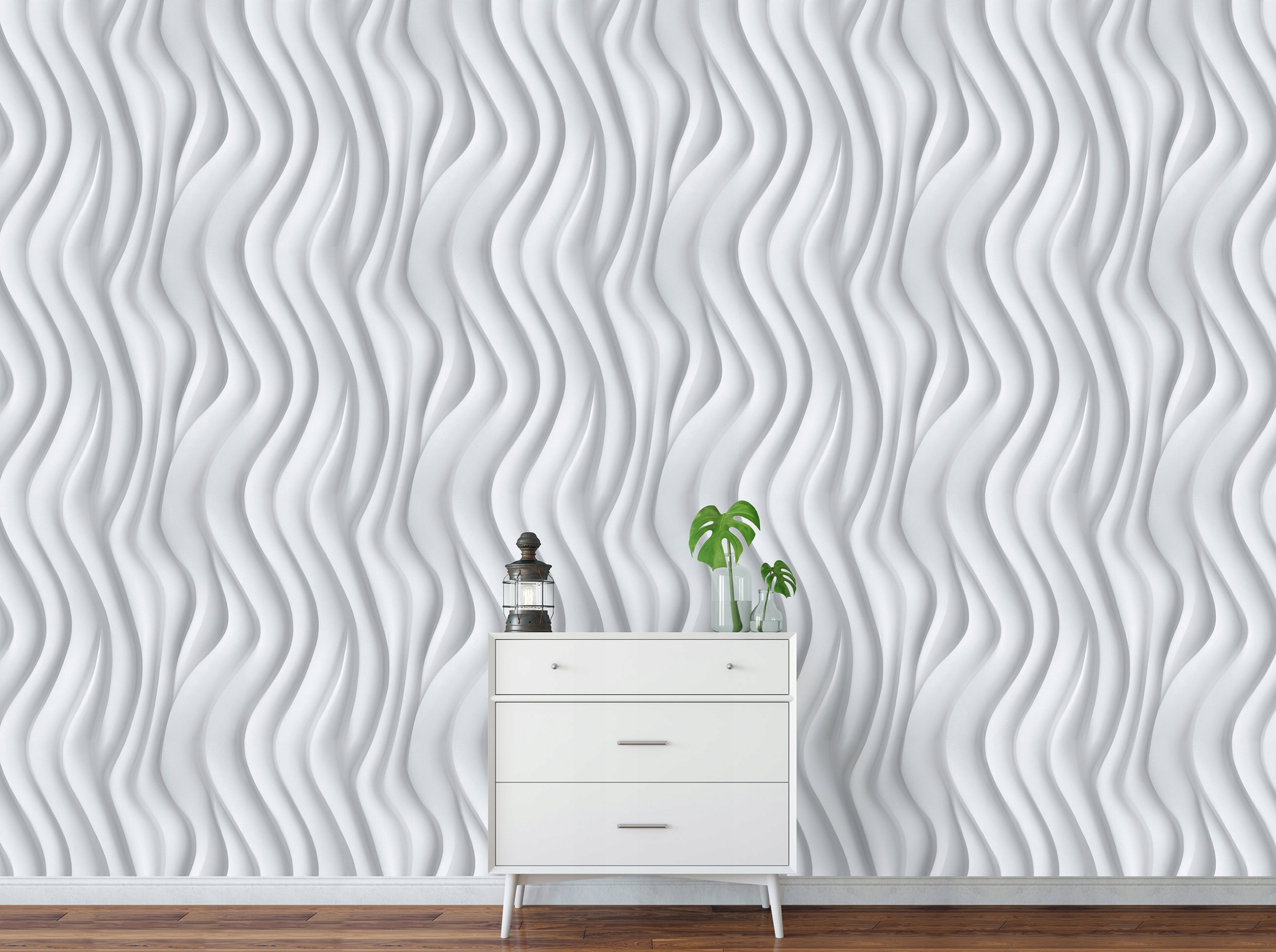 3D abstract wallpaper featuring waves in white and gray, on non-woven fabric, for living room or bedroom walls