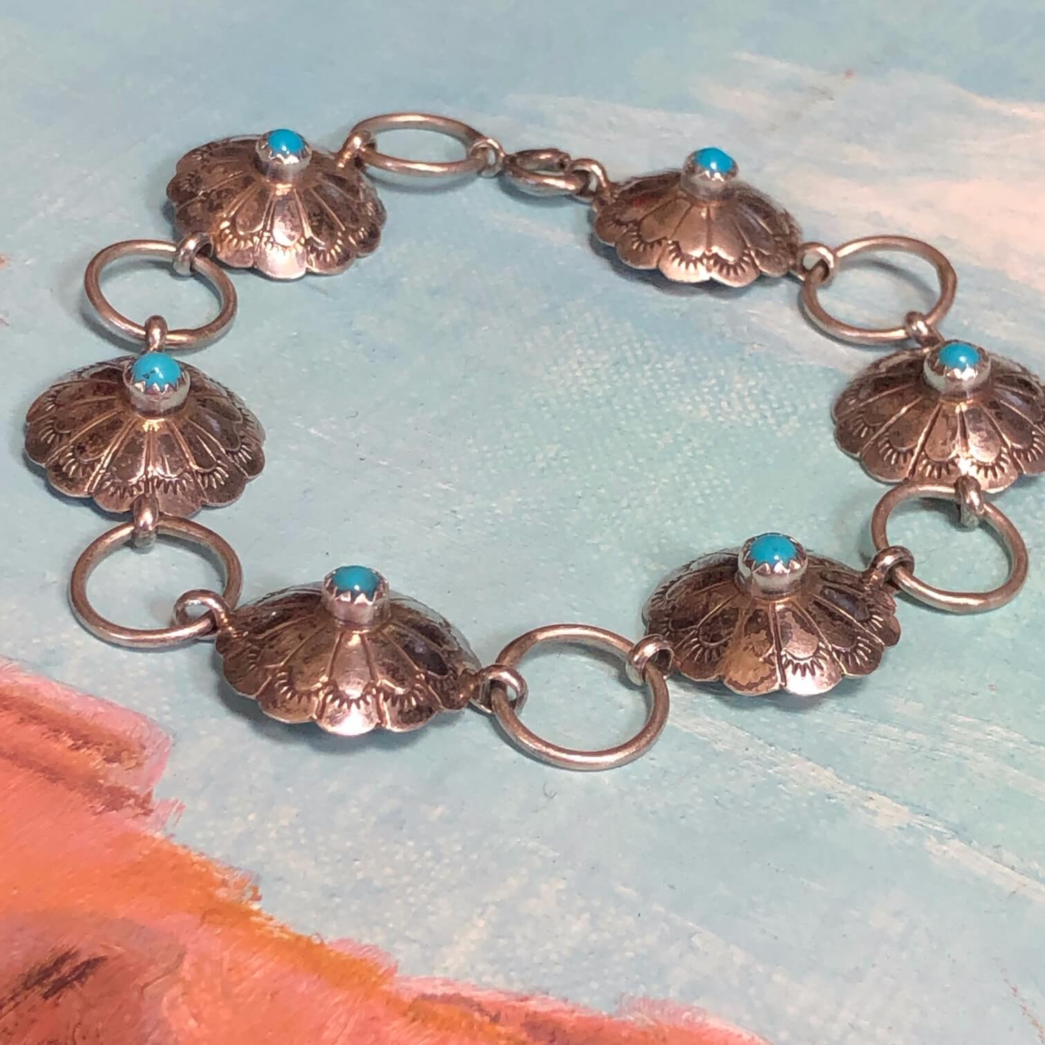 Sterling Silver Turquoise Stamped Concho Bracelet Large Size