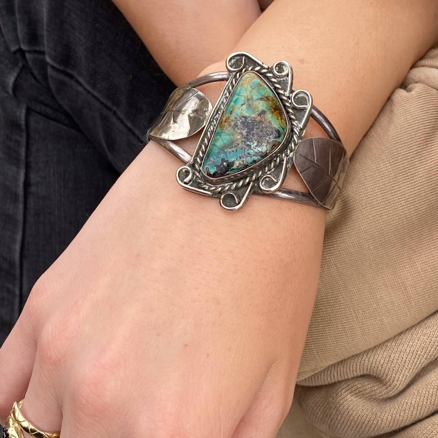 Old Navajo Sterling Silver Cuff Bracelet with King's Manassa Turquoise