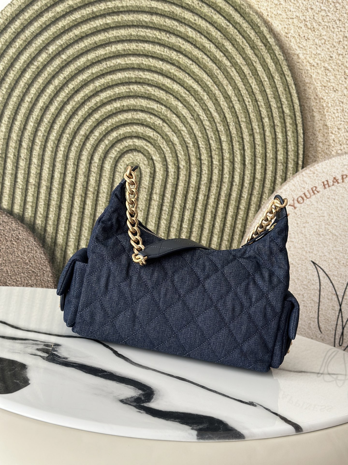 Dark Blue Denim Multi-Pocket Hobo Bag with Gold Hardware - Mocuir