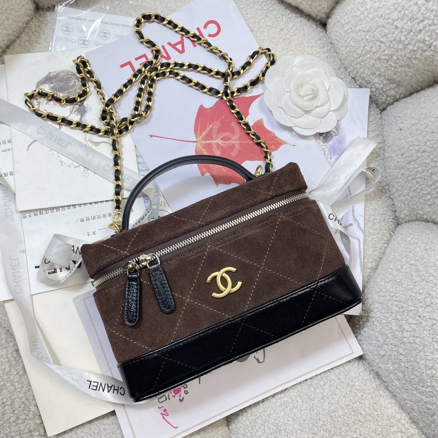 26S Slim Vanity Case with Chain in Dark Brown Suede & Black Lambskin with Gold-Tone Hardware - Mocuir