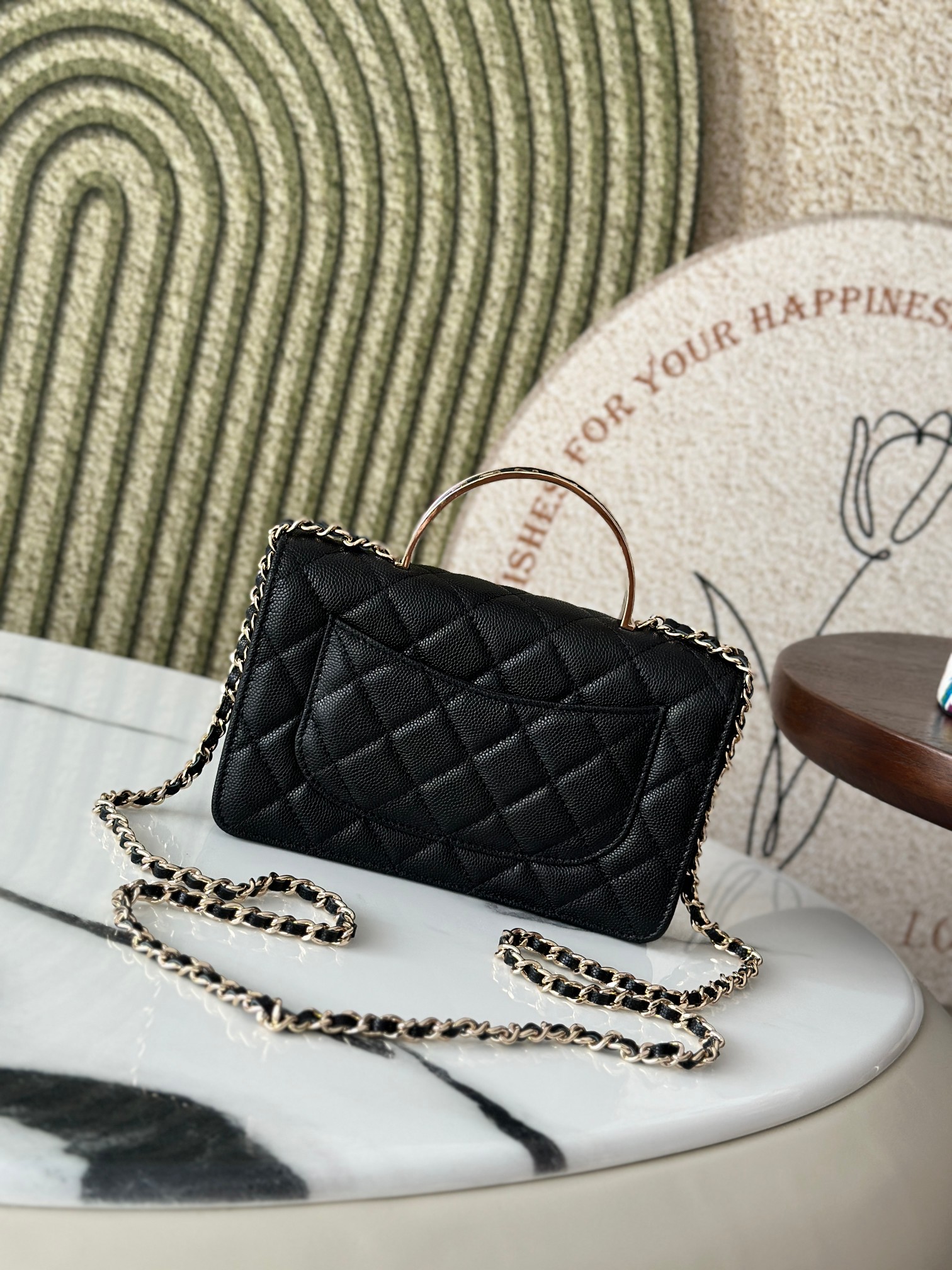 Wallet on Chain with Top Handle in Black Quilted Caviar Leather with Gold-Tone Hardware - Mocuir