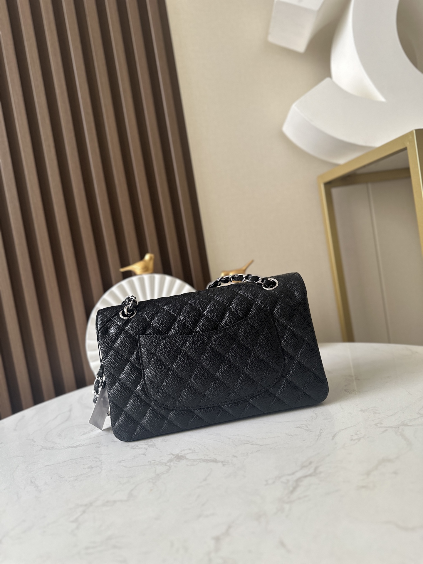 Black Caviar Quilted Medium Classic Flap Bag with Silver Hardware - Mocuir