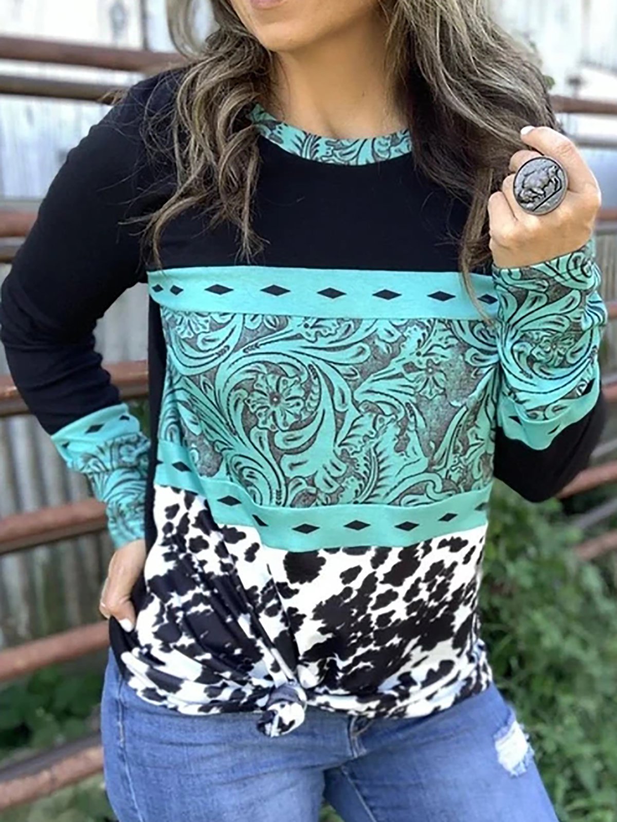 Women's Long Sleeve Patchwork Crewneck Casual Print T-Shirt