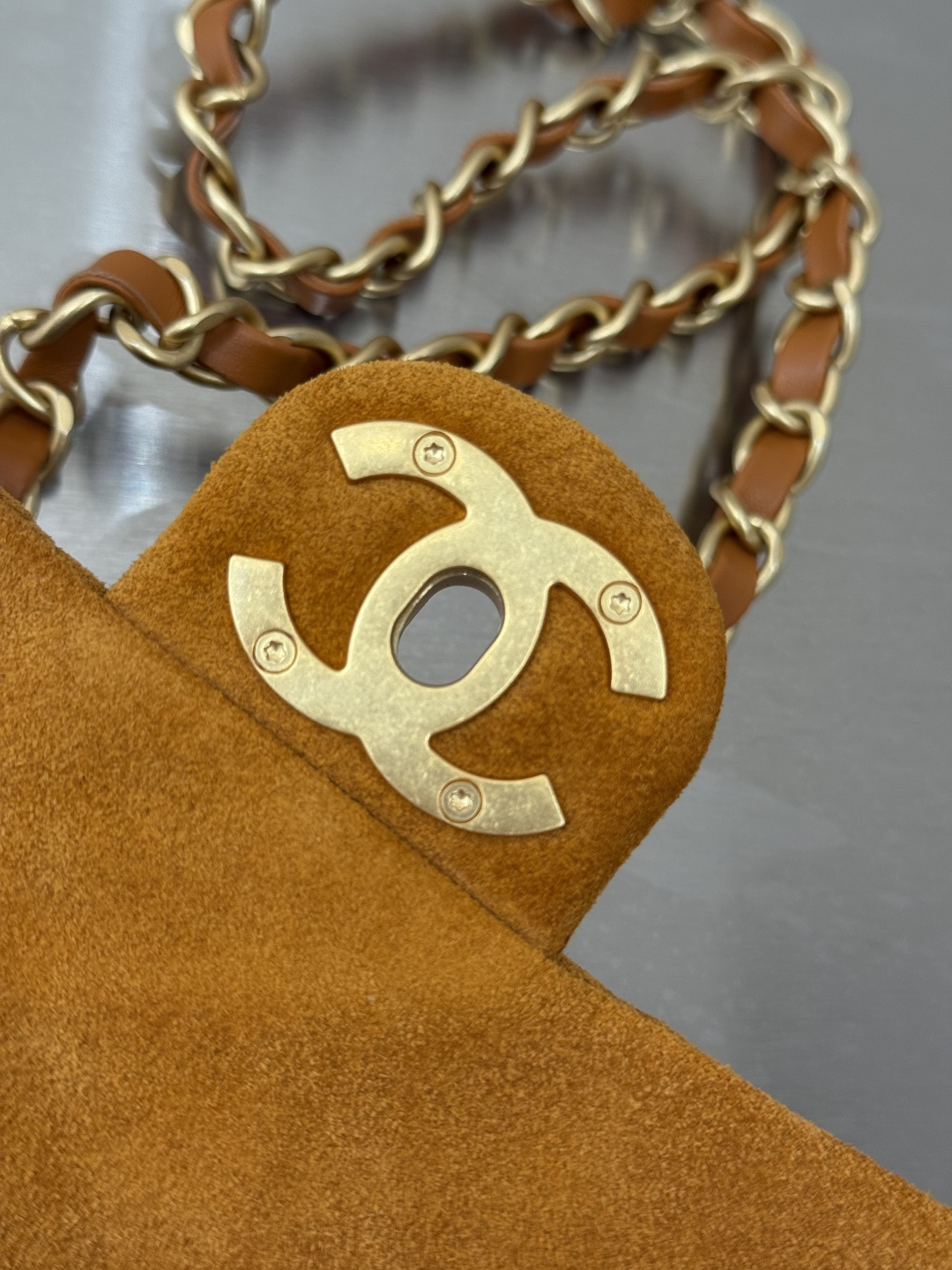 26C Cruise Mini Flap Bag in Caramel Mocha Suede Calfskin with Gold-Tone Hardware (Model AS5989) - Mocuir