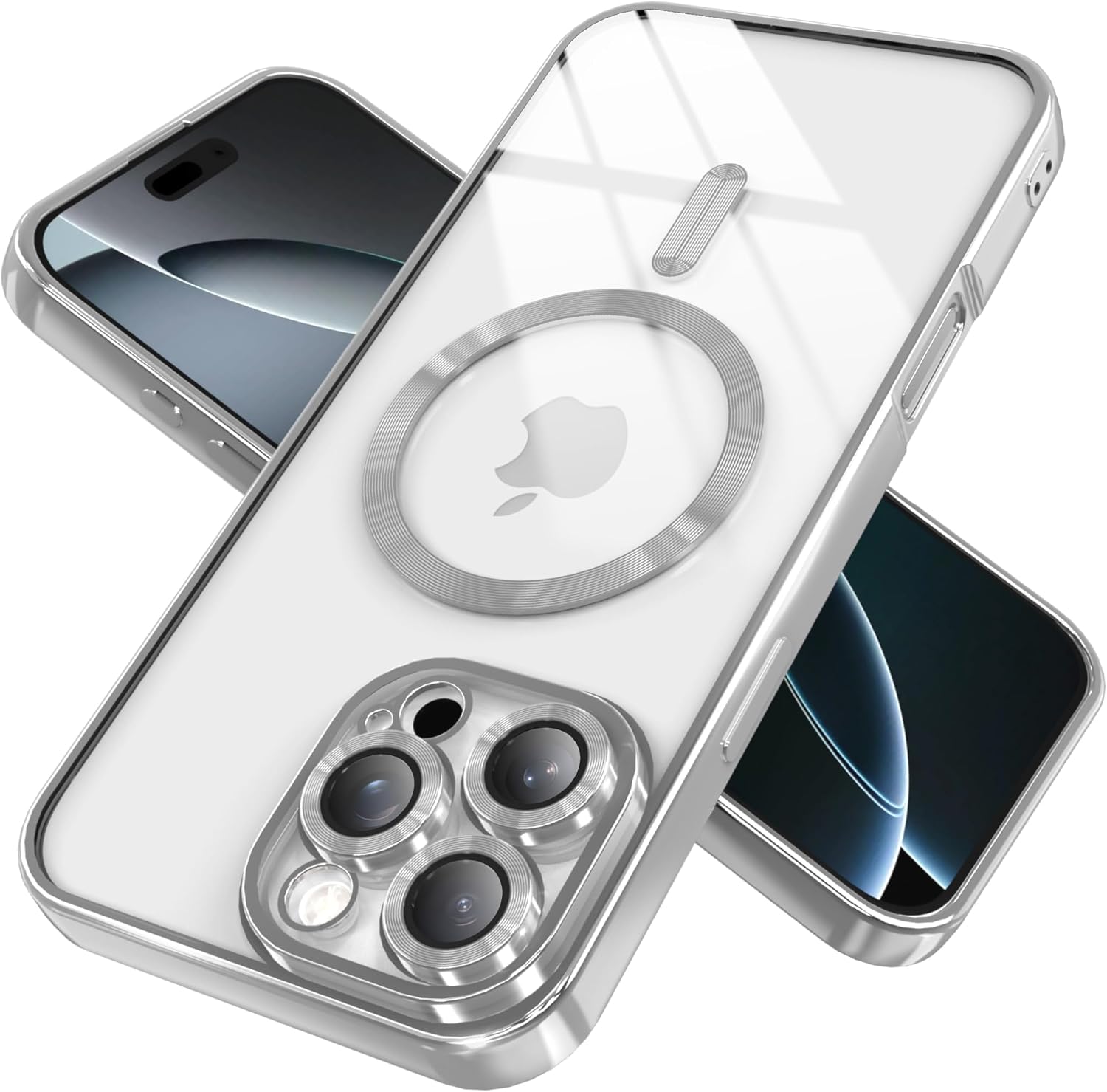 Magnetic Clear Case for iPhone 14 Pro Max with Full Camera Lens Protection, Compatible with MagSafe, Plated Soft TPU Phone Case, Anti-Scratch Shockproof Slim Cover for Women, Girls, Men - Silver