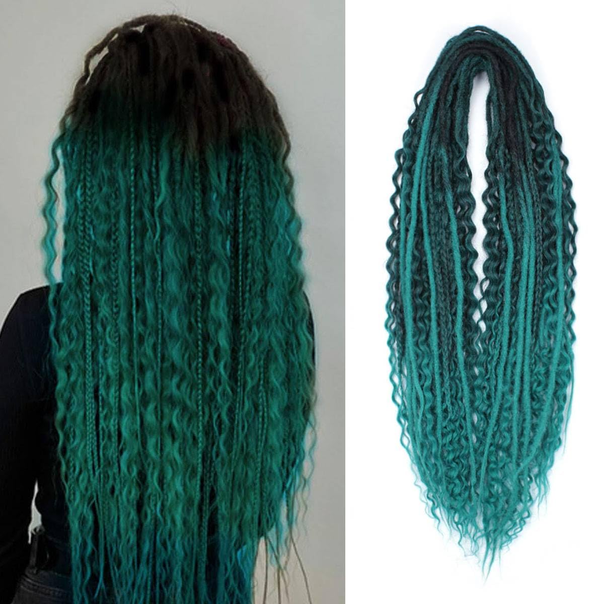 24 Inch 3 In 1 Dreadlock Extensions Sets, 30 Strands Mixed Ombre Green Synthetic DE Dreads Extensions, 100% Handmade Soft Double Ended Curly Boho Wavy Dreads for Girls
