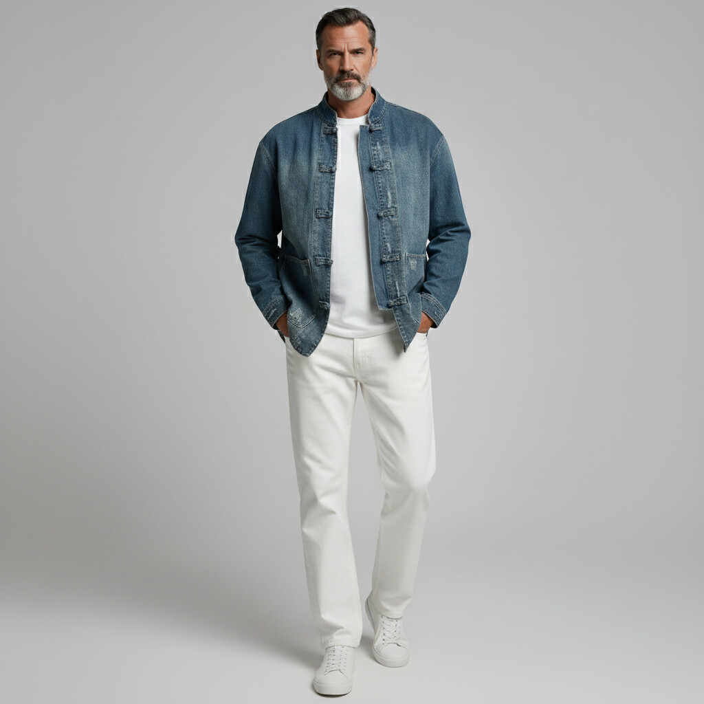 Men's Retro Denim Stand Collar Pocket Frog Closures Long Sleeve Jacket