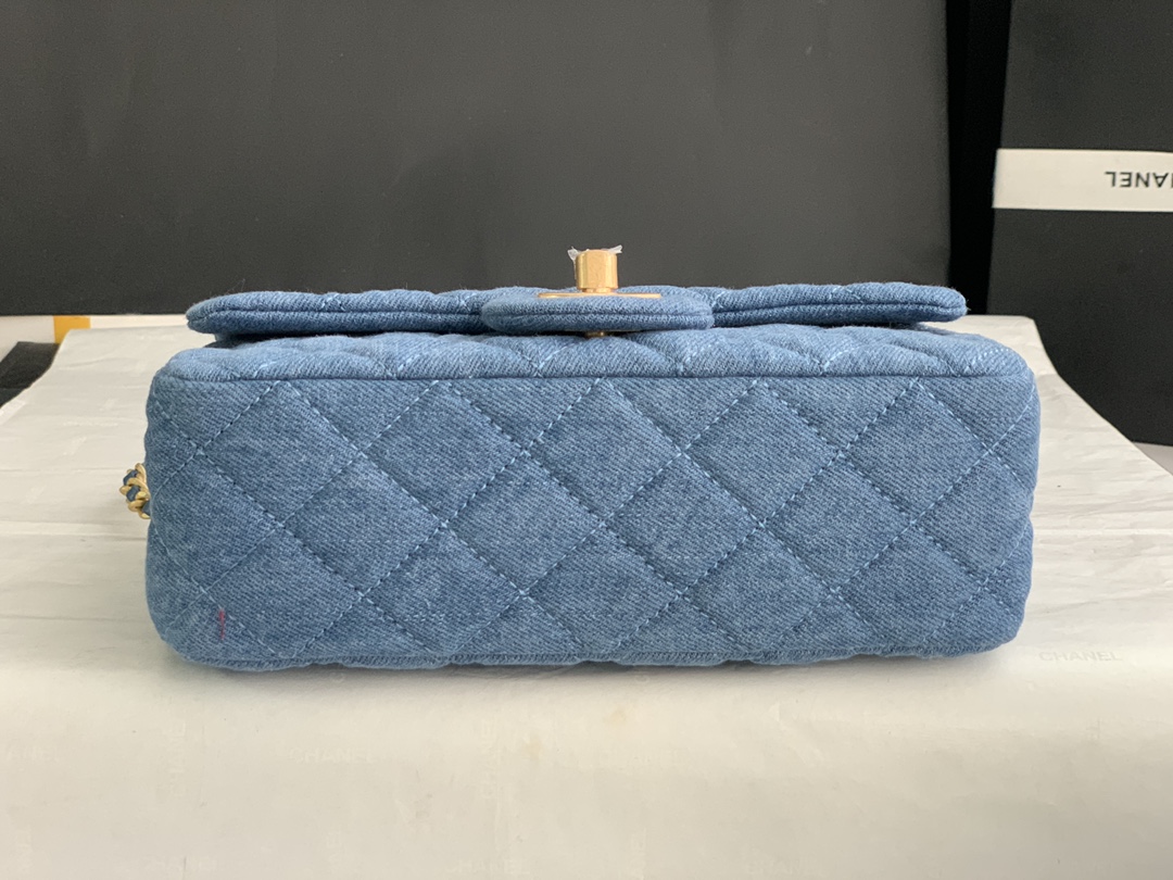 22C Classic Mini Flap Bag (Square) with Adjustable Ball Chain in Washed Denim Blue, Chevron Quilted, Gold-Tone Hardware - Mocuir