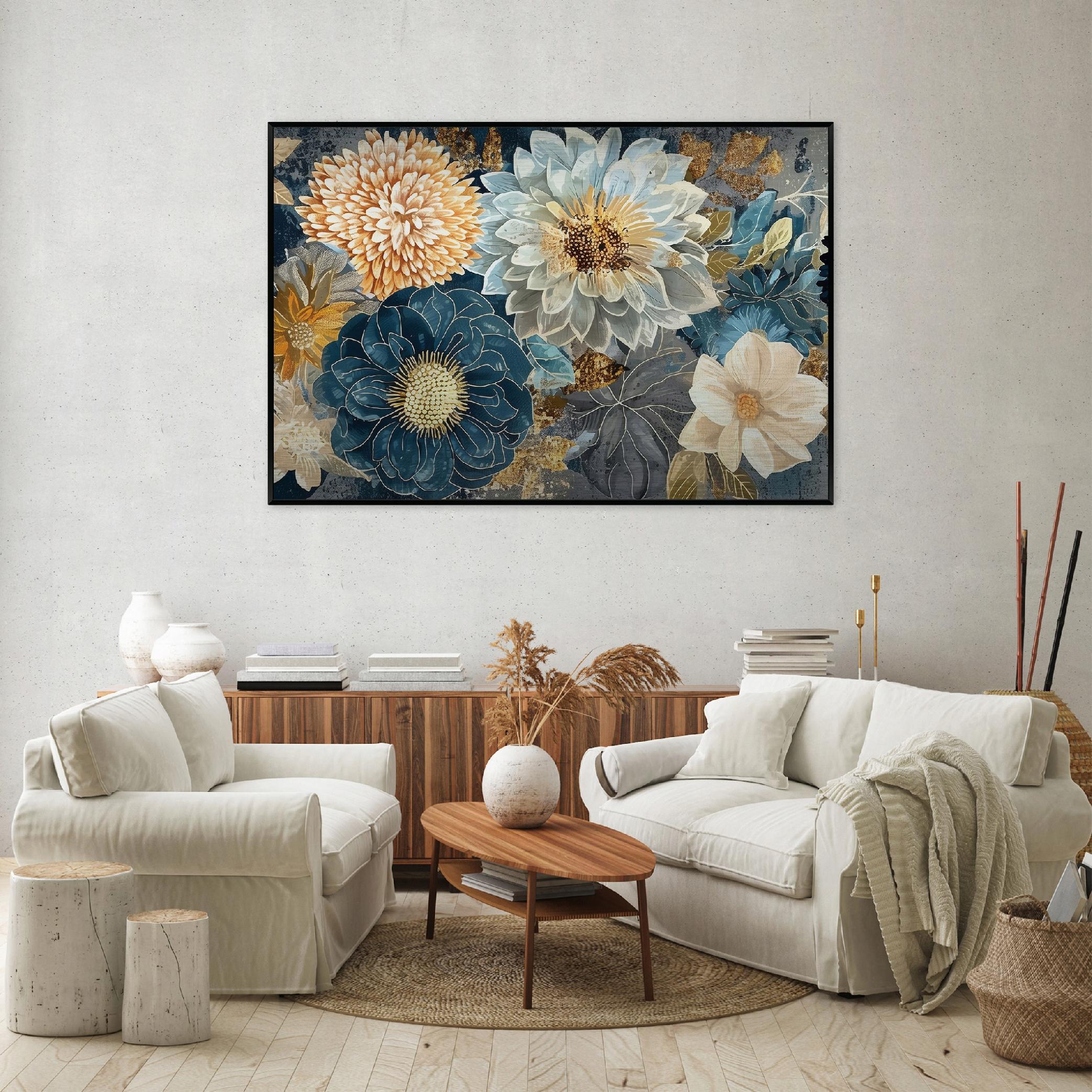 Metal painting in a black frame, flowers, abstract, living room, bedroom, 120x80