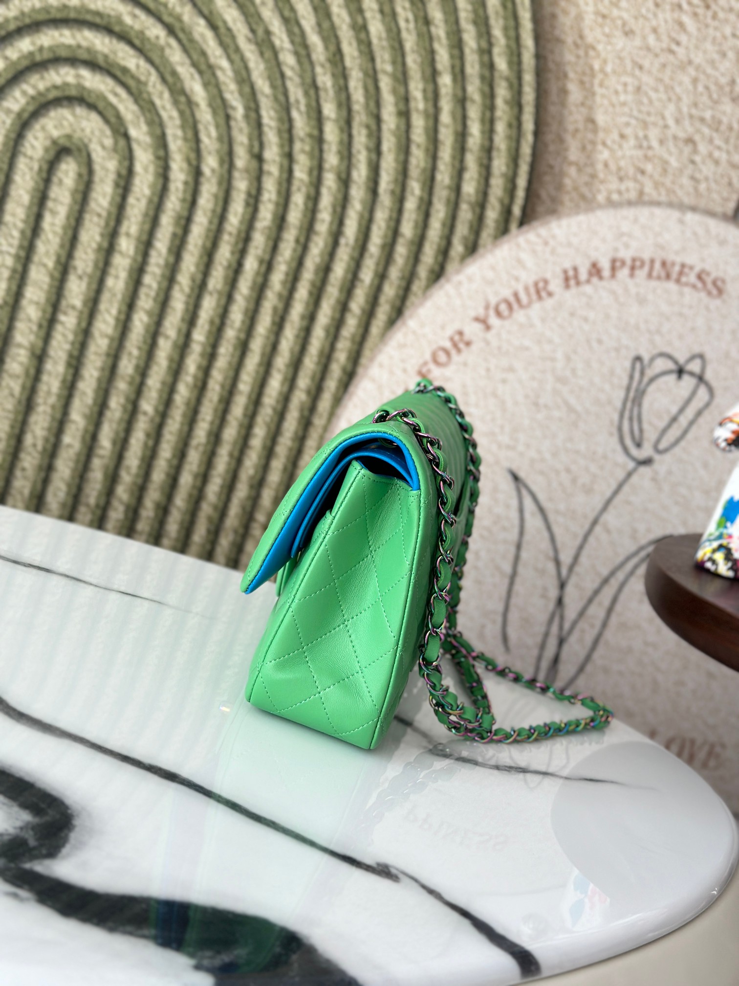 Classic Flap Medium Bag in Avocado Green Lambskin with Iridescent Rainbow Hardware (Model A01112) - Mocuir