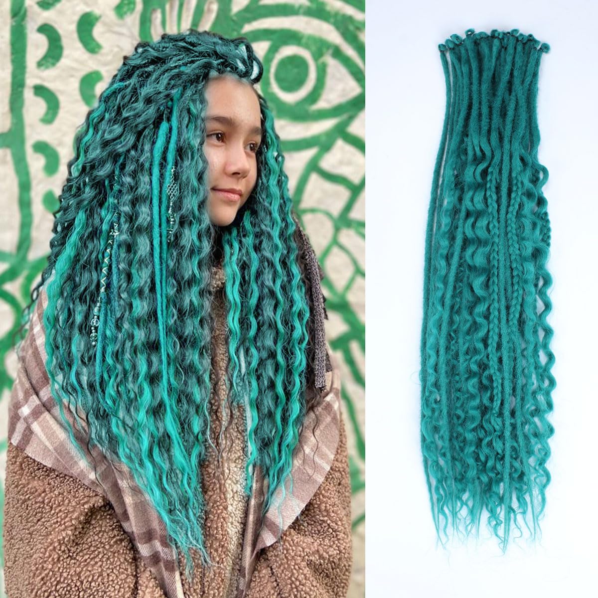24 Inch 3 In 1 Dreadlock Extensions Sets, 30 Strands Mixed Teal Green Synthetic SE Dreads Extensions, 100% Handmade Soft Single Ended Curly Boho Wavy Dreads for Girls
