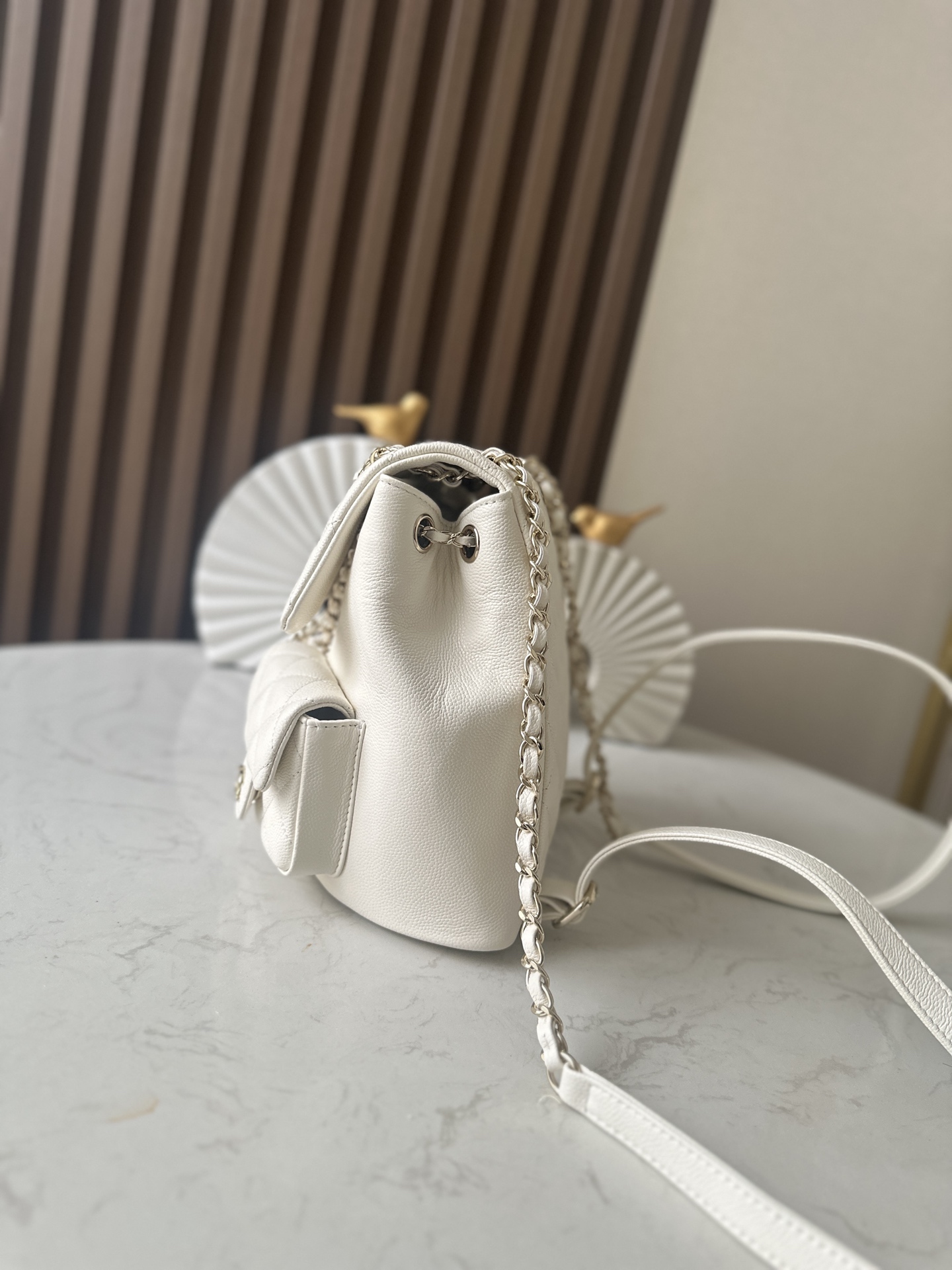 Classic Quilted Caviar Duma Backpack in White (Gold Hardware) - Mocuir