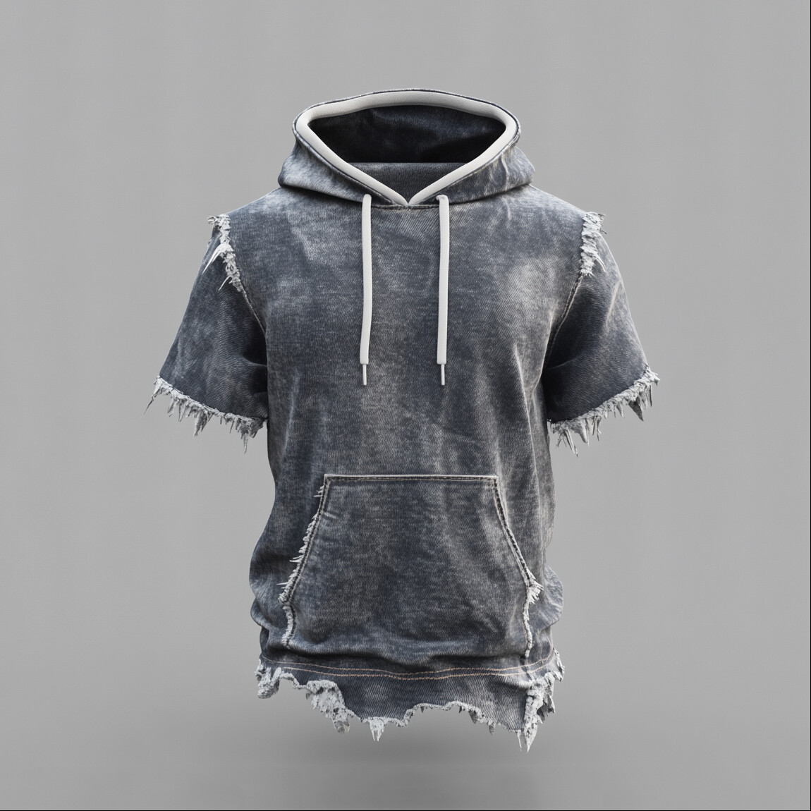 Men's Faded Denim Raw Edge Pocket Short Sleeve Drawstring Hoodie