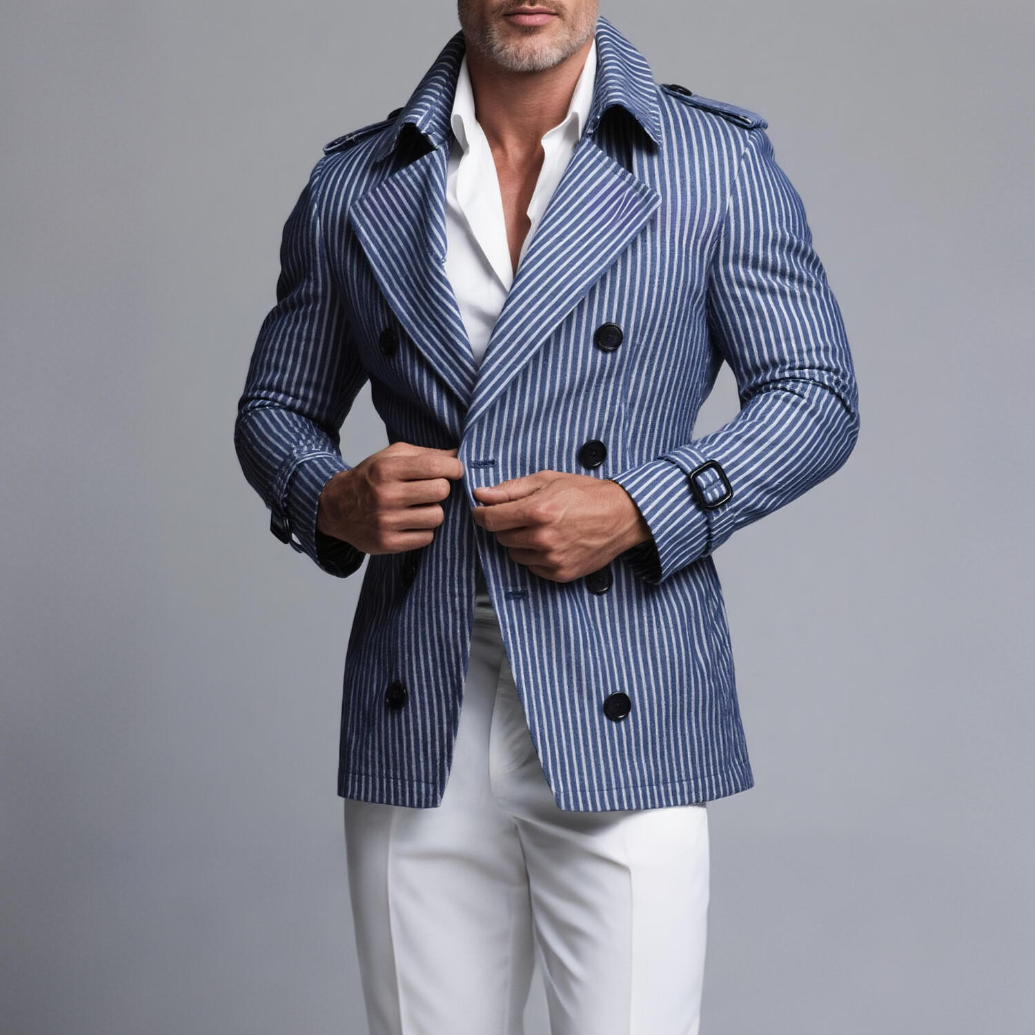 Men's Lapel Collar Double Breasted Blue And White Striped Trench Coat