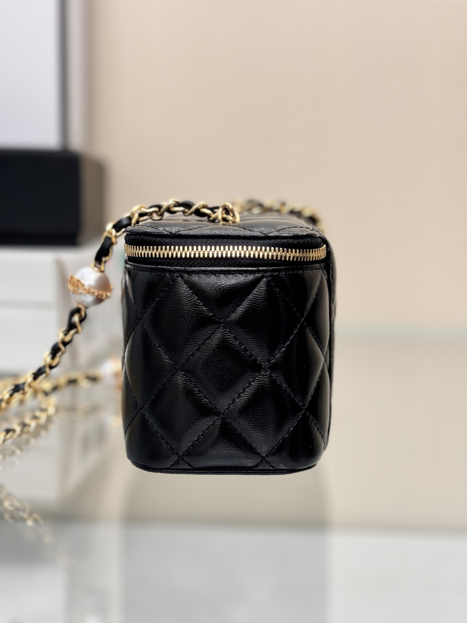 Long Vanity Case with Chain & Pearl Detail in Black Quilted Lambskin with Light Gold-Tone Hardware - Mocuir