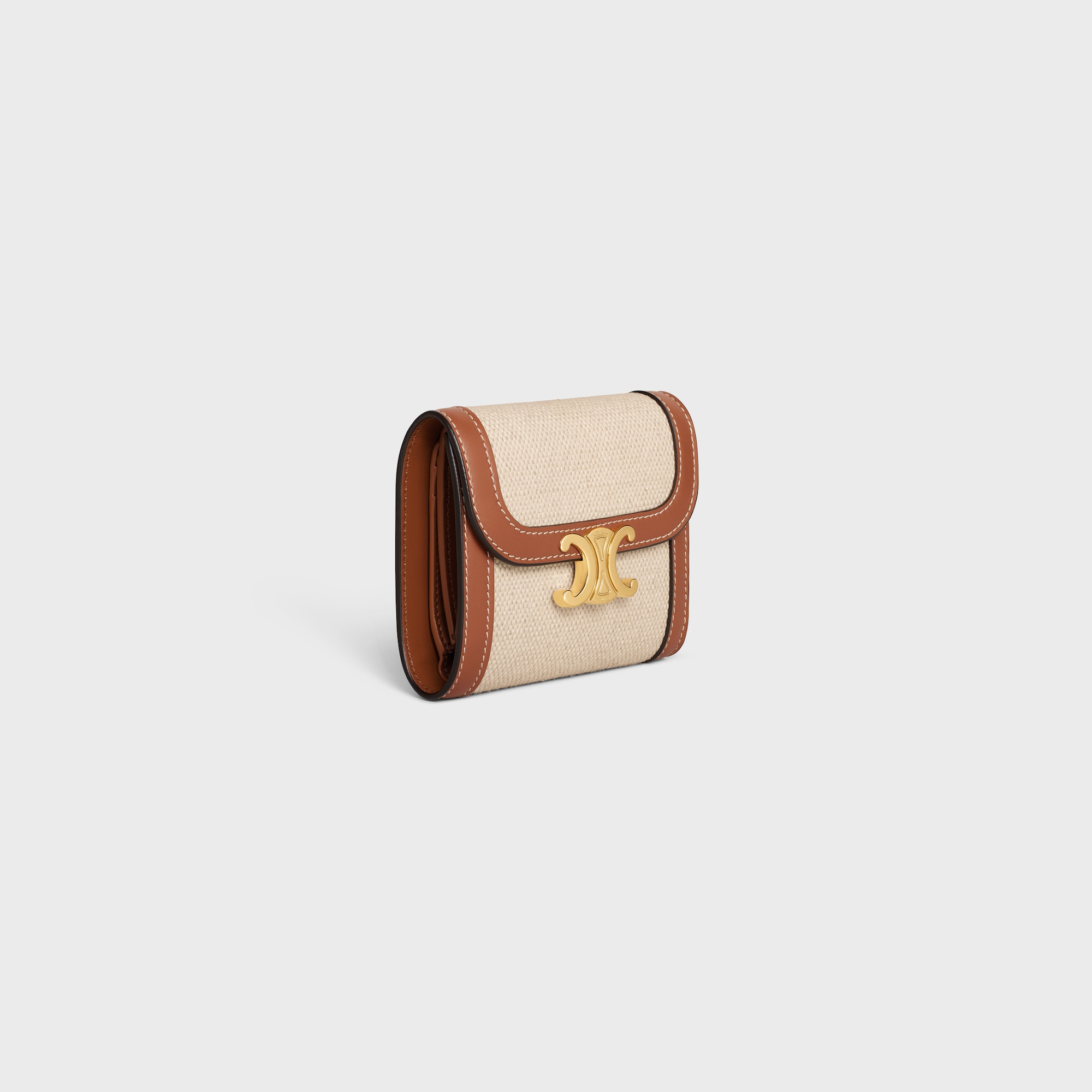 SMALL FLAP WALLET TRIOMPHE IN TEXTILE AND CALFSKIN NATURAL / TAN