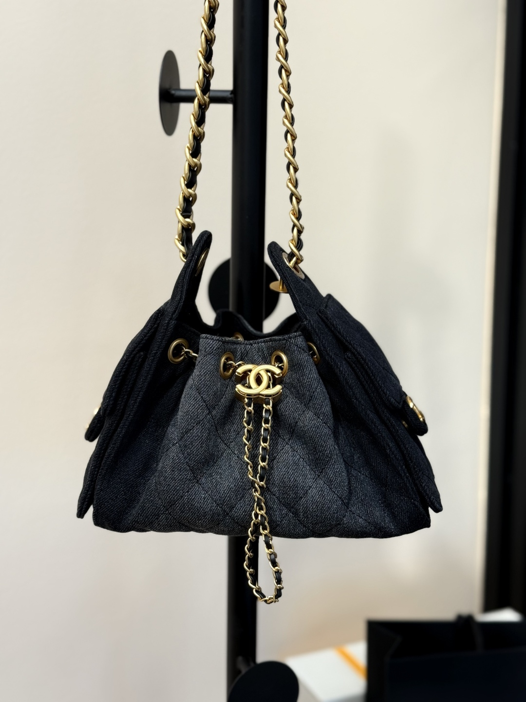 25 Small Hobo Bag (AS5293) in Black Washed Denim & Antique Gold-Tone Hardware - Mocuir