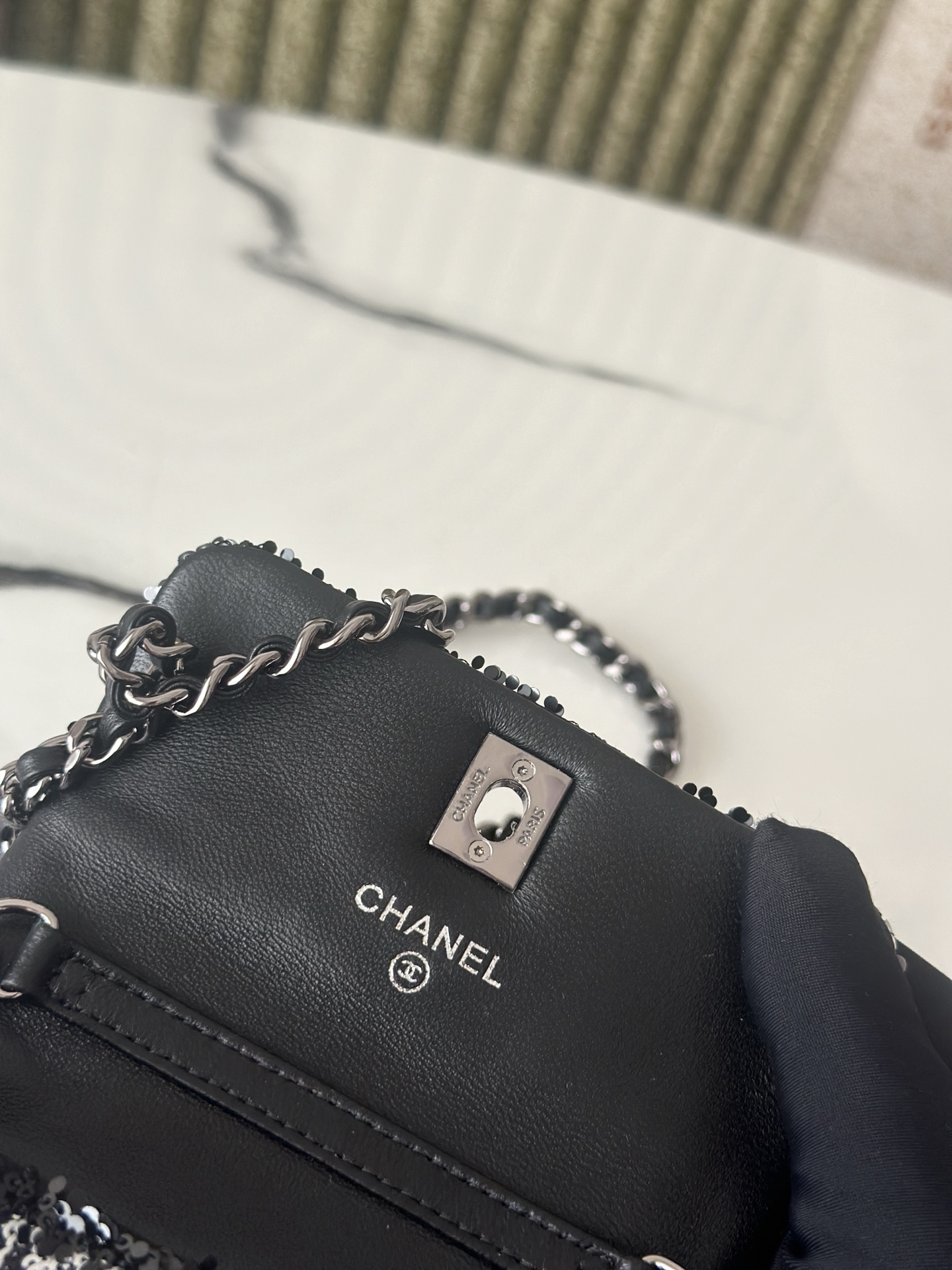 24C25C Mini Classic Flap Bag (AS4561) in Black & White Striped Hand-Embroidered Sequins with COCO Logo & Light Gold-Tone Hardware - Mocuir