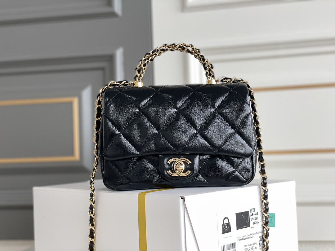 23K Mini Shopping Bag (Mini Kelly) in Black Shiny Aged Lambskin with Gold-Tone Hardware (Model AS4416) - Mocuir
