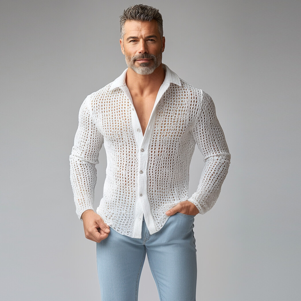 Men's Turndown Collar Long Sleeve Button Hollow Out Crochet Knit Shirt