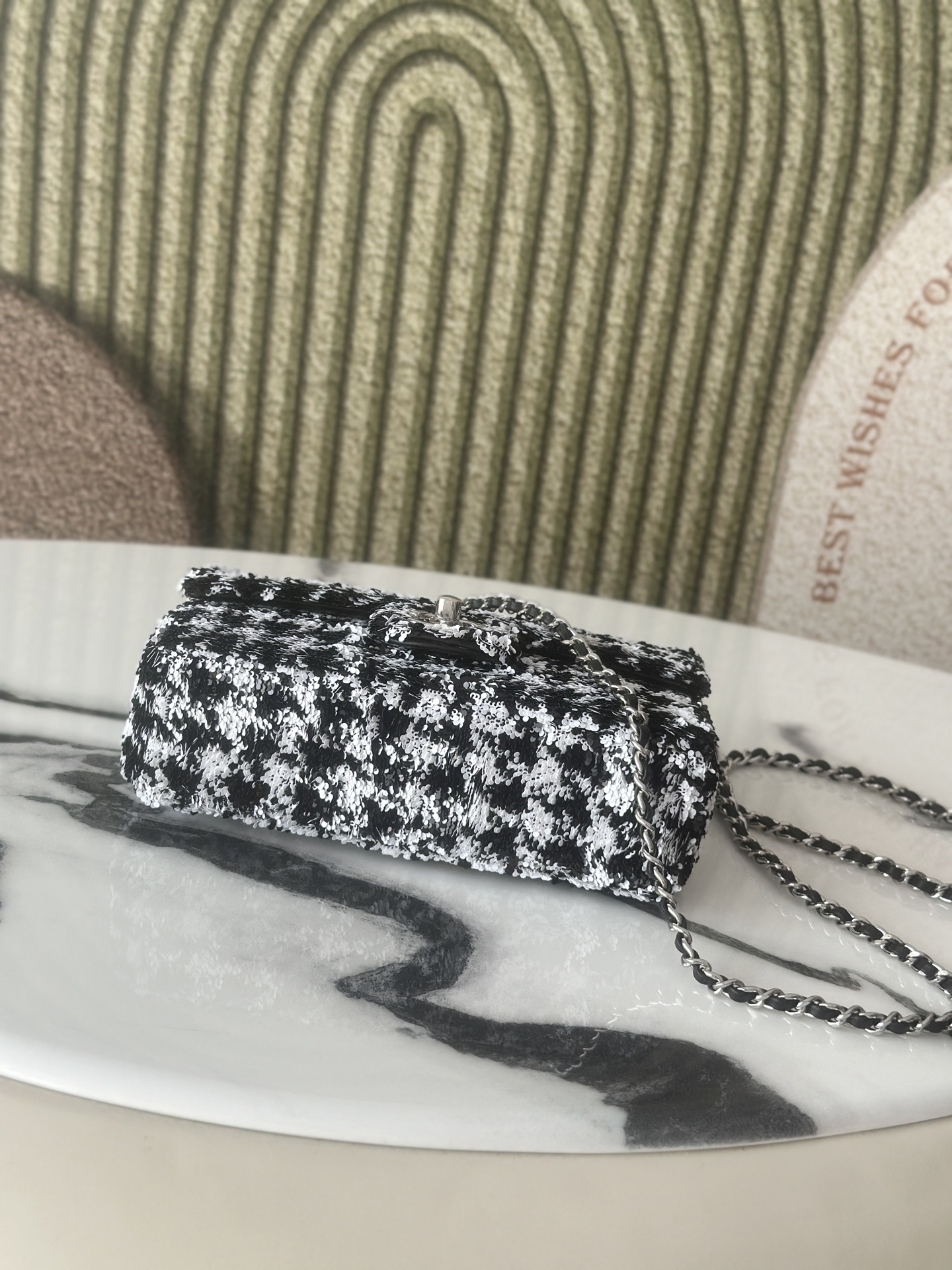 Limited Edition Black & White Houndstooth Sequin Mini Classic Flap Bag - Mocuir