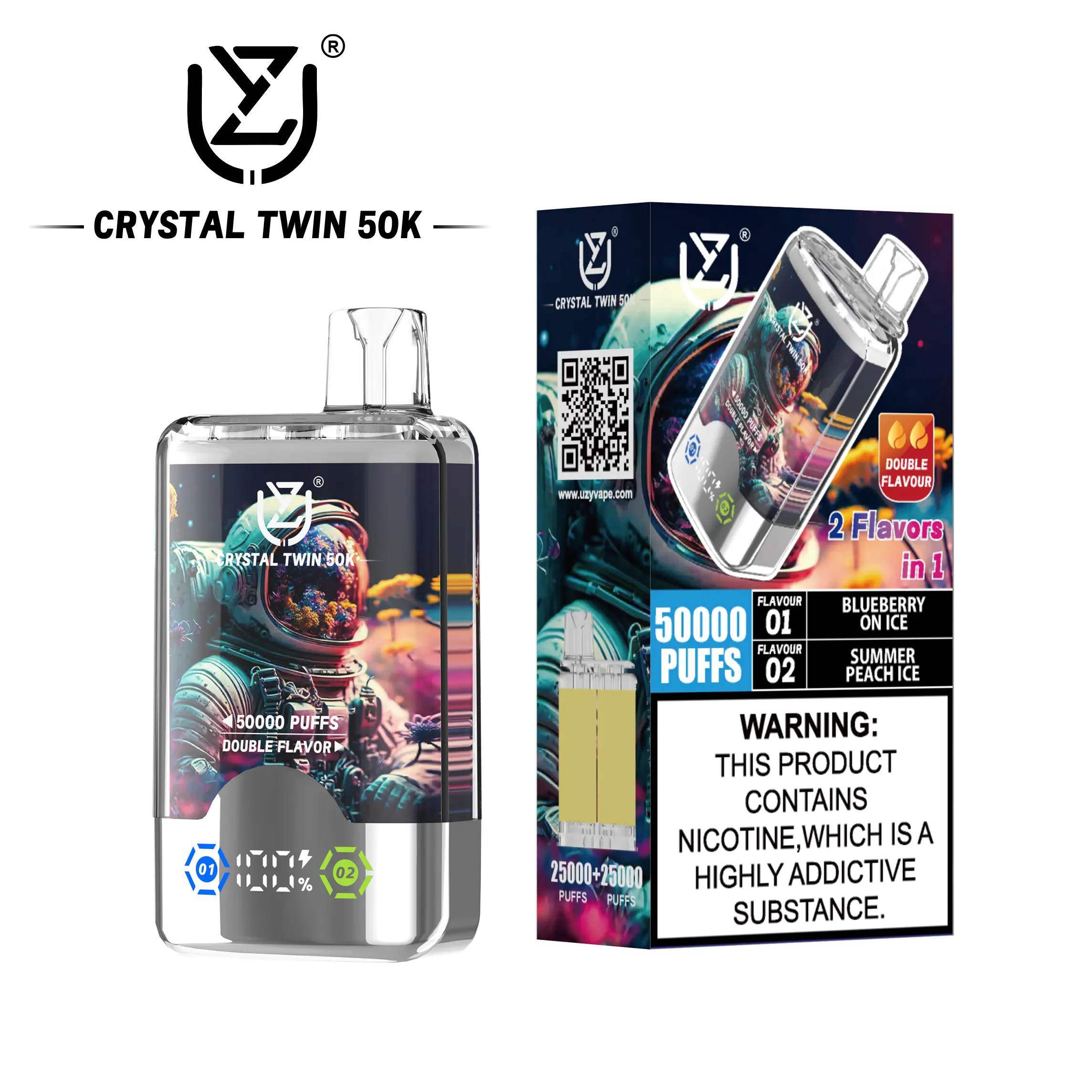 （3 pieces）UZY Crystal Twin 50000 50k Puffs Double Taste LED Display Disposable Vape