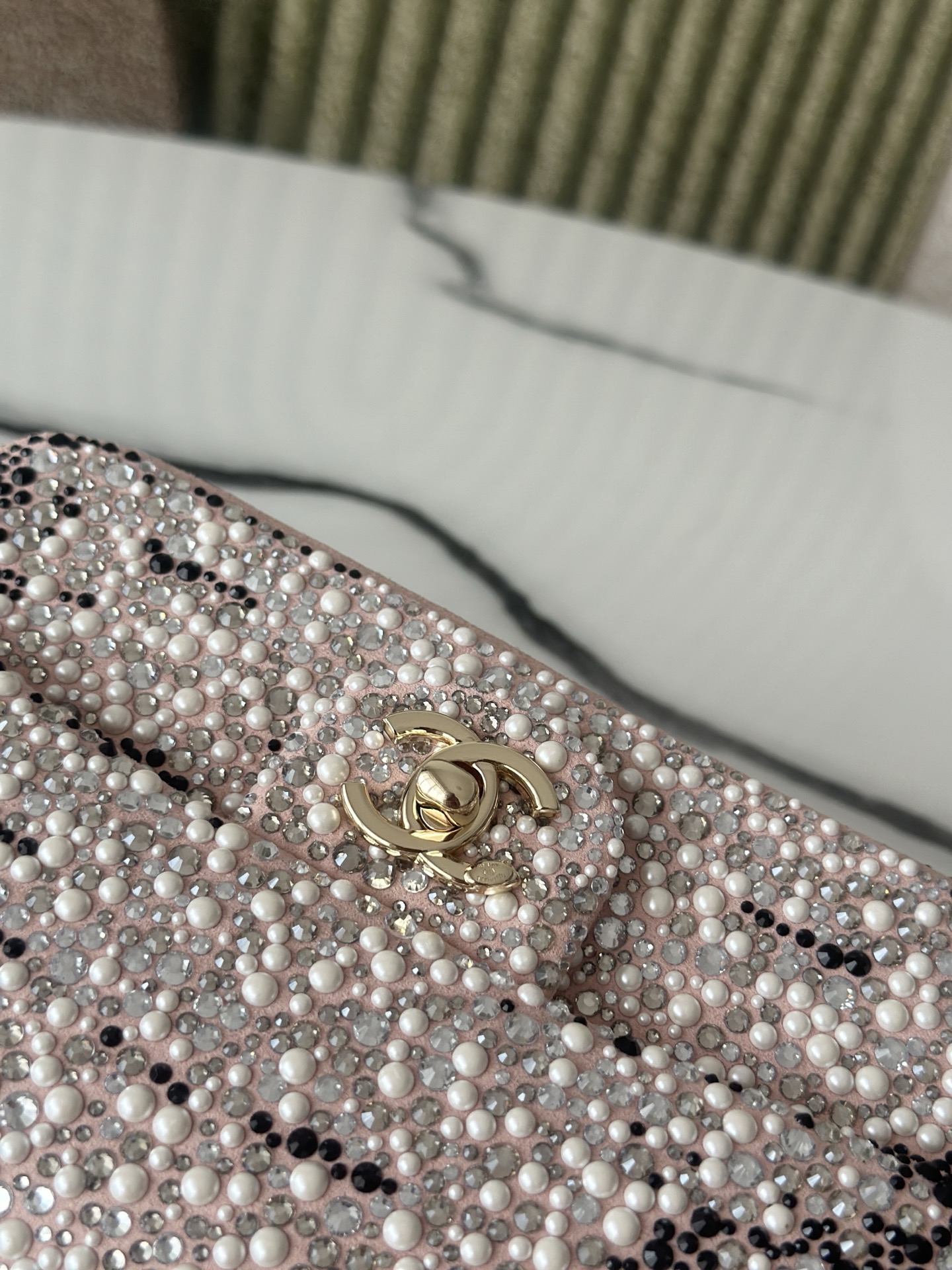 24C25C Small Classic Flap Bag in Sakura Pink Crystal & Pearl Embellished Lambskin with Leopard Pattern & Light Gold-Tone Hardware - Mocuir