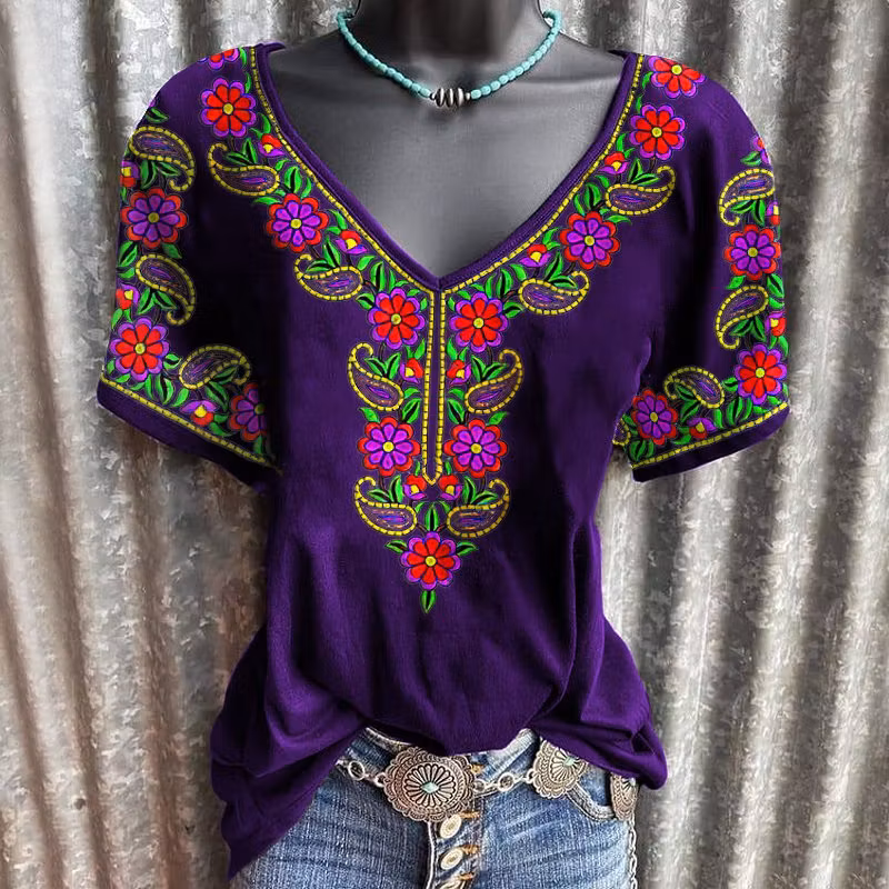 Paisley Flower V-neck Casual Graphic Tees