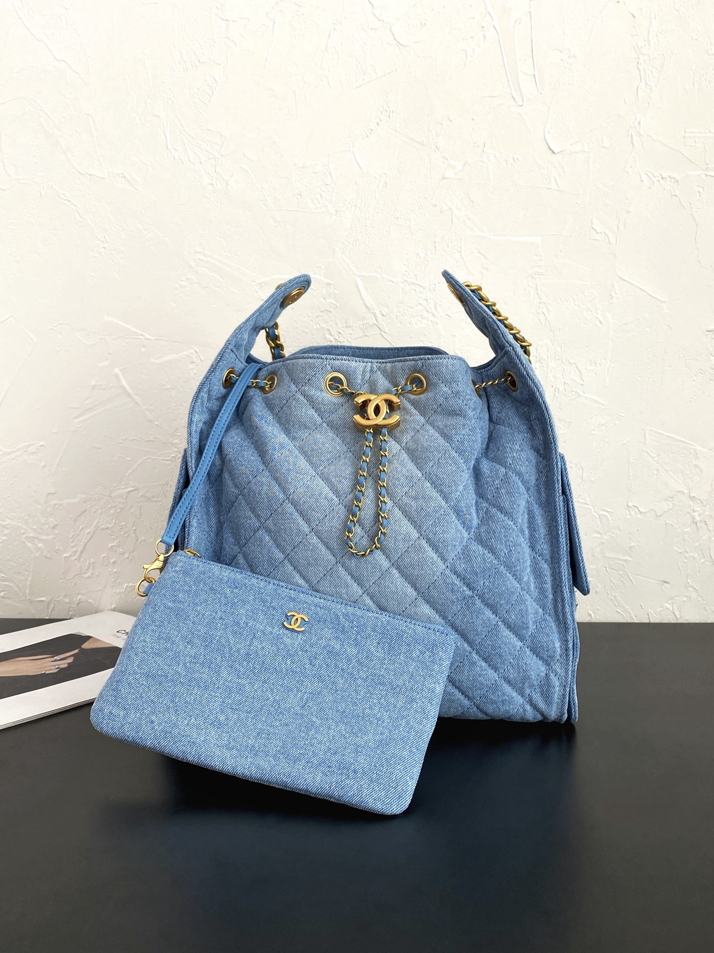 25C Small Hobo Bag in Light Blue Washed Denim with Antique Gold Hardware - Mocuir
