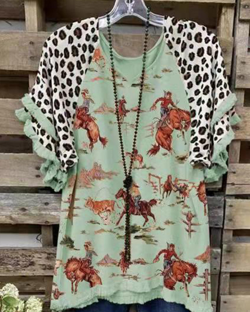 Women's Summer Knitted Temperament V-neck Short-sleeved Printed Loose T-shirt