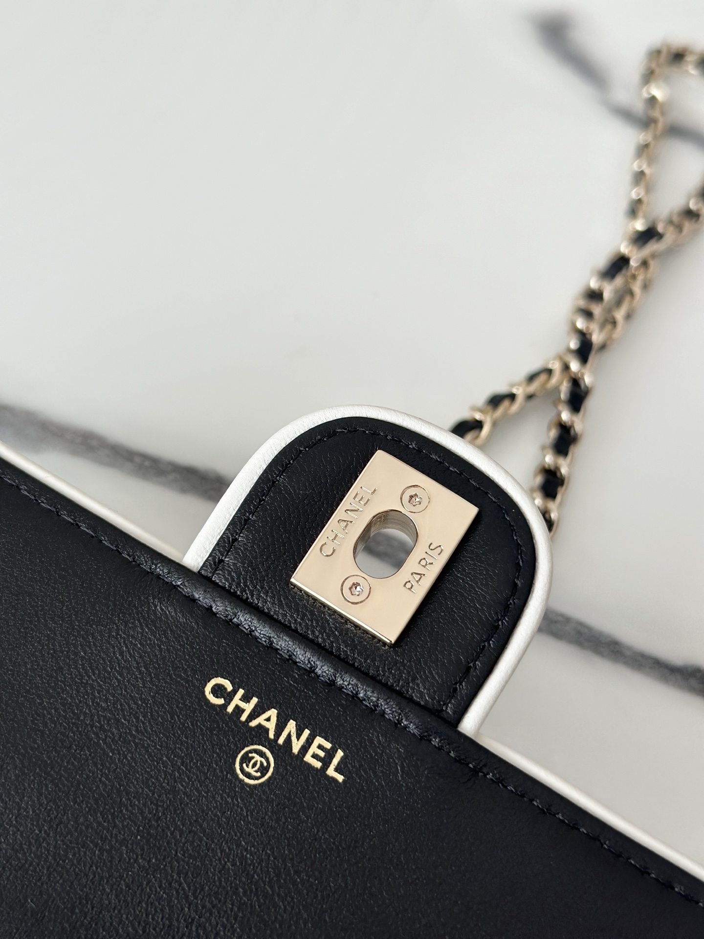 Black Lambskin Quilted Mini Flap Bag with White Trim & Gold Hardware - Mocuir