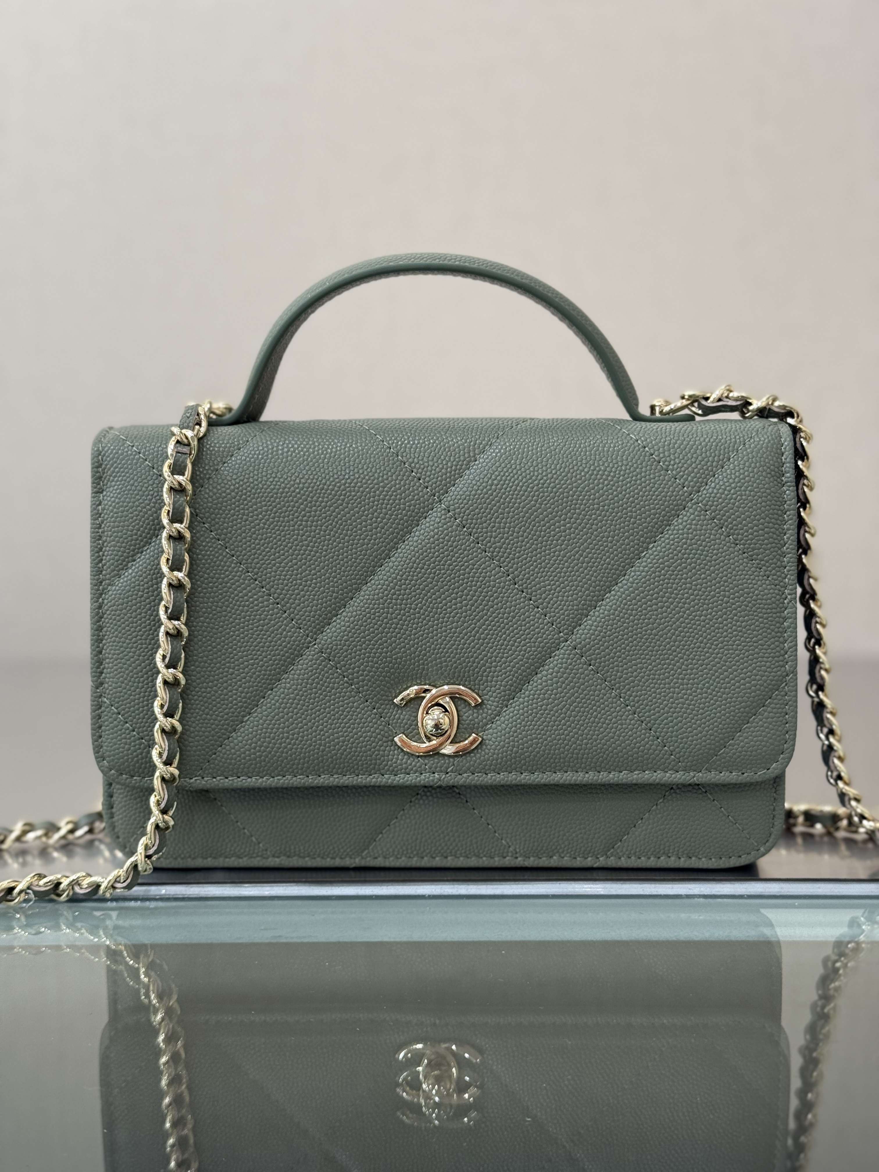 Black Quilted Caviar Calfskin Vanity Case with Top Handle and Gold-Tone Chain Strap - Mocuir